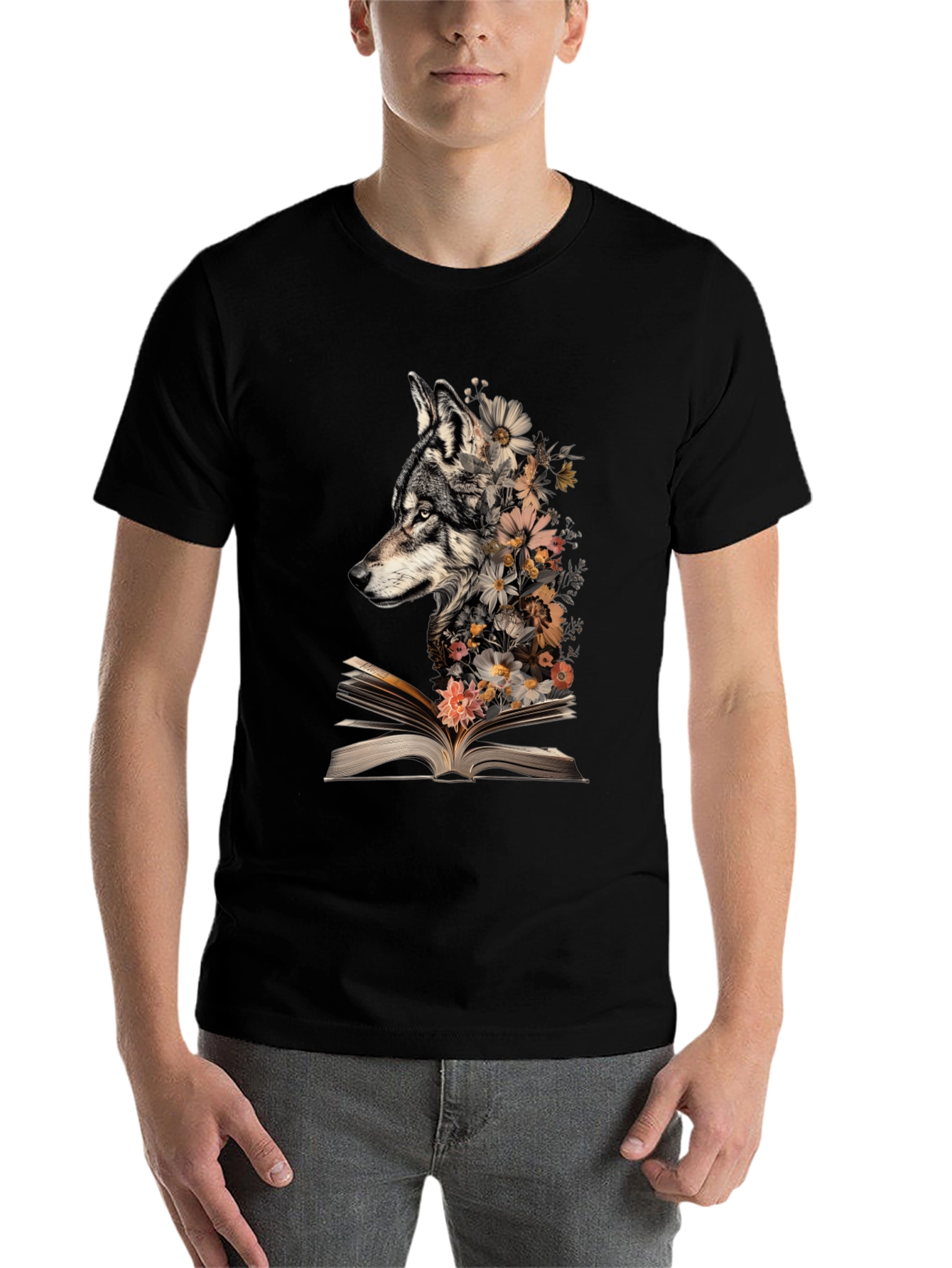 Black Wolf & Floral Book T-Shirt view 7