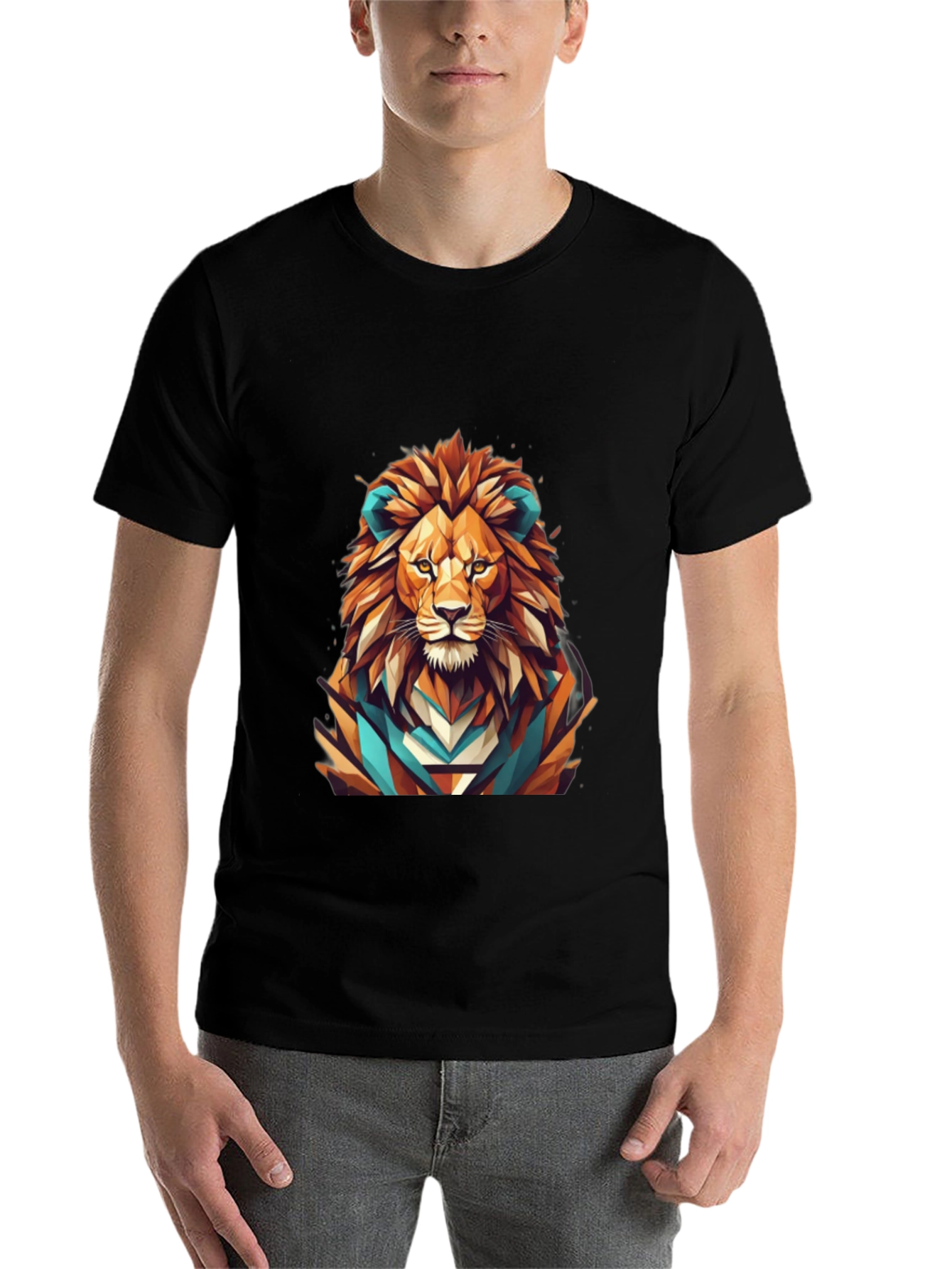 Black Geometric Lion Graphic Tee - Men's Black T-Shirt view 7