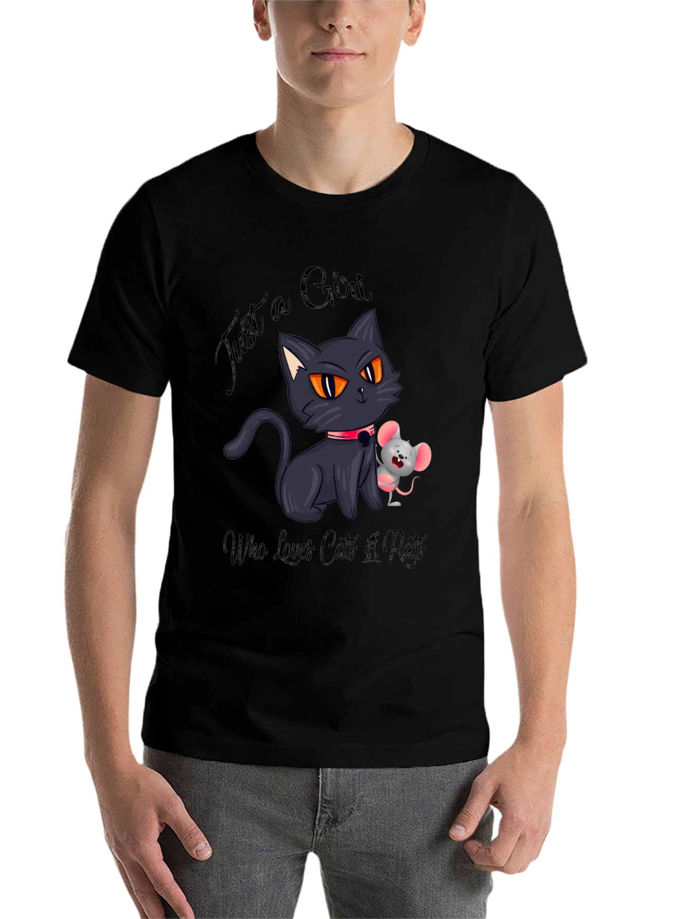 Black Cute Cat and Mouse Graphic Tee view 7