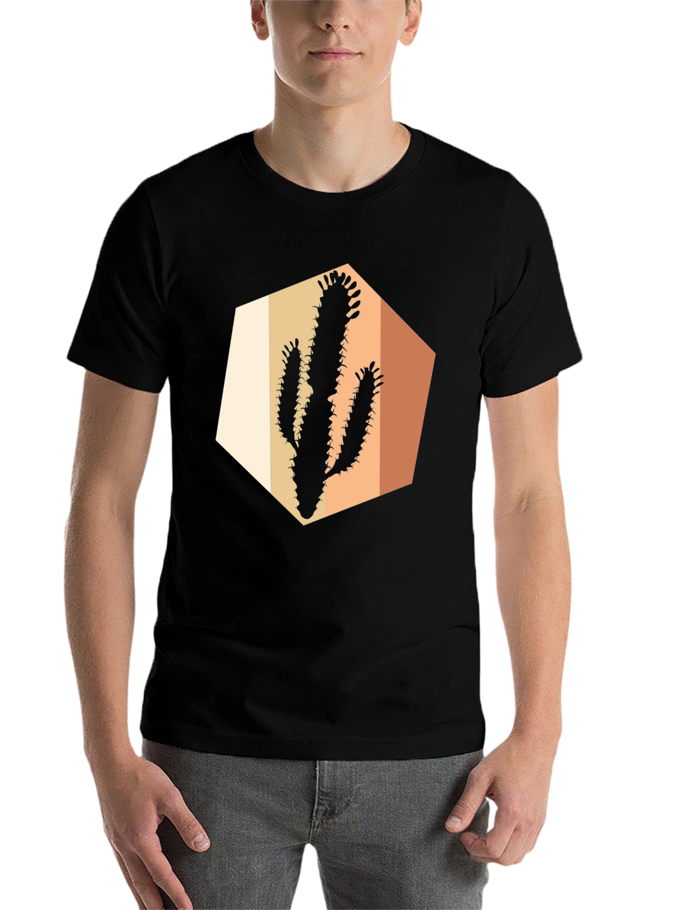 Black Retro Cactus Graphic Tee - Black Cotton Casual Wear view 7