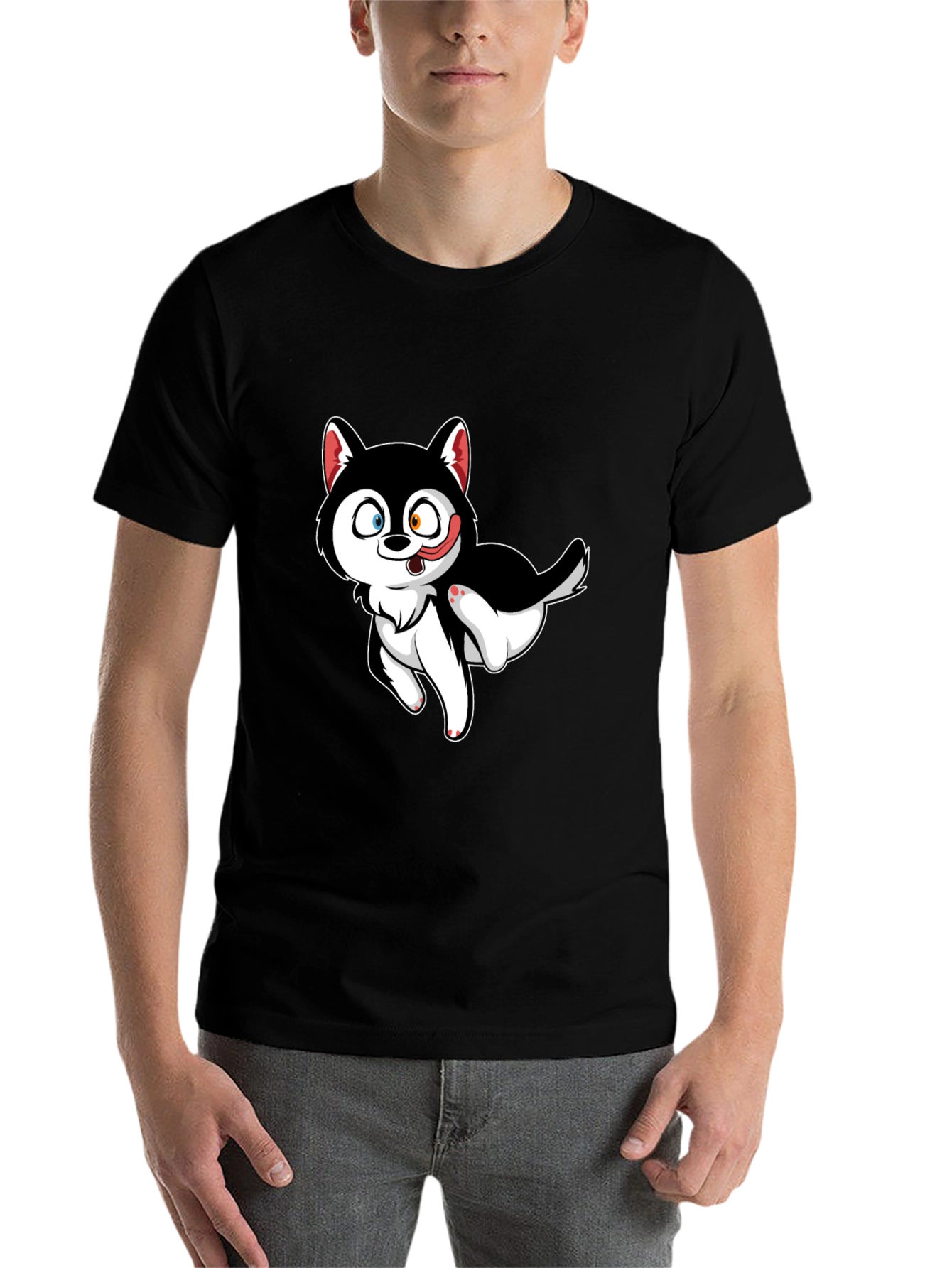 Black Cute Cartoon Husky Graphic T-Shirt - Black view 7