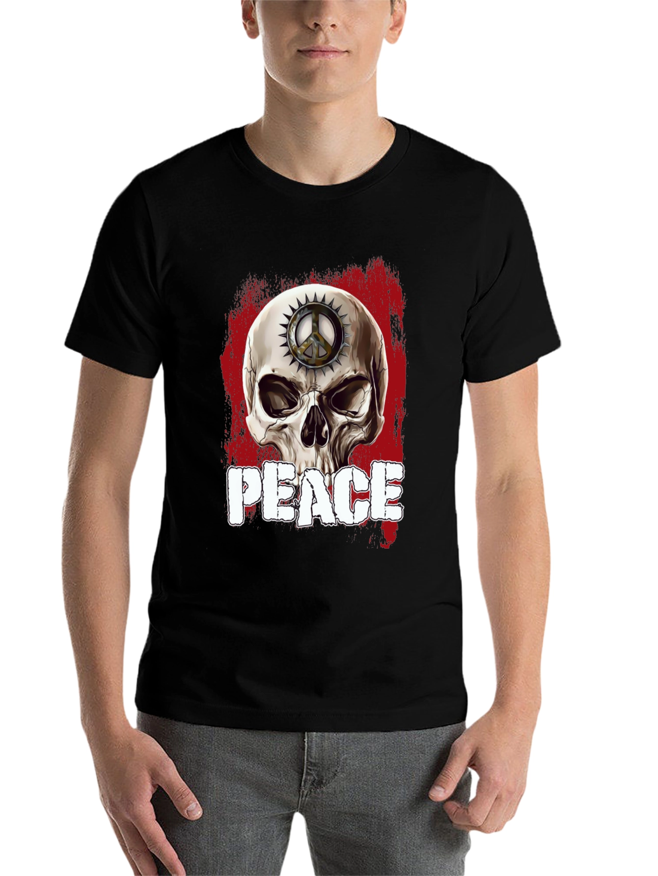 Black Skull Peace Sign Graphic T-Shirt view 7
