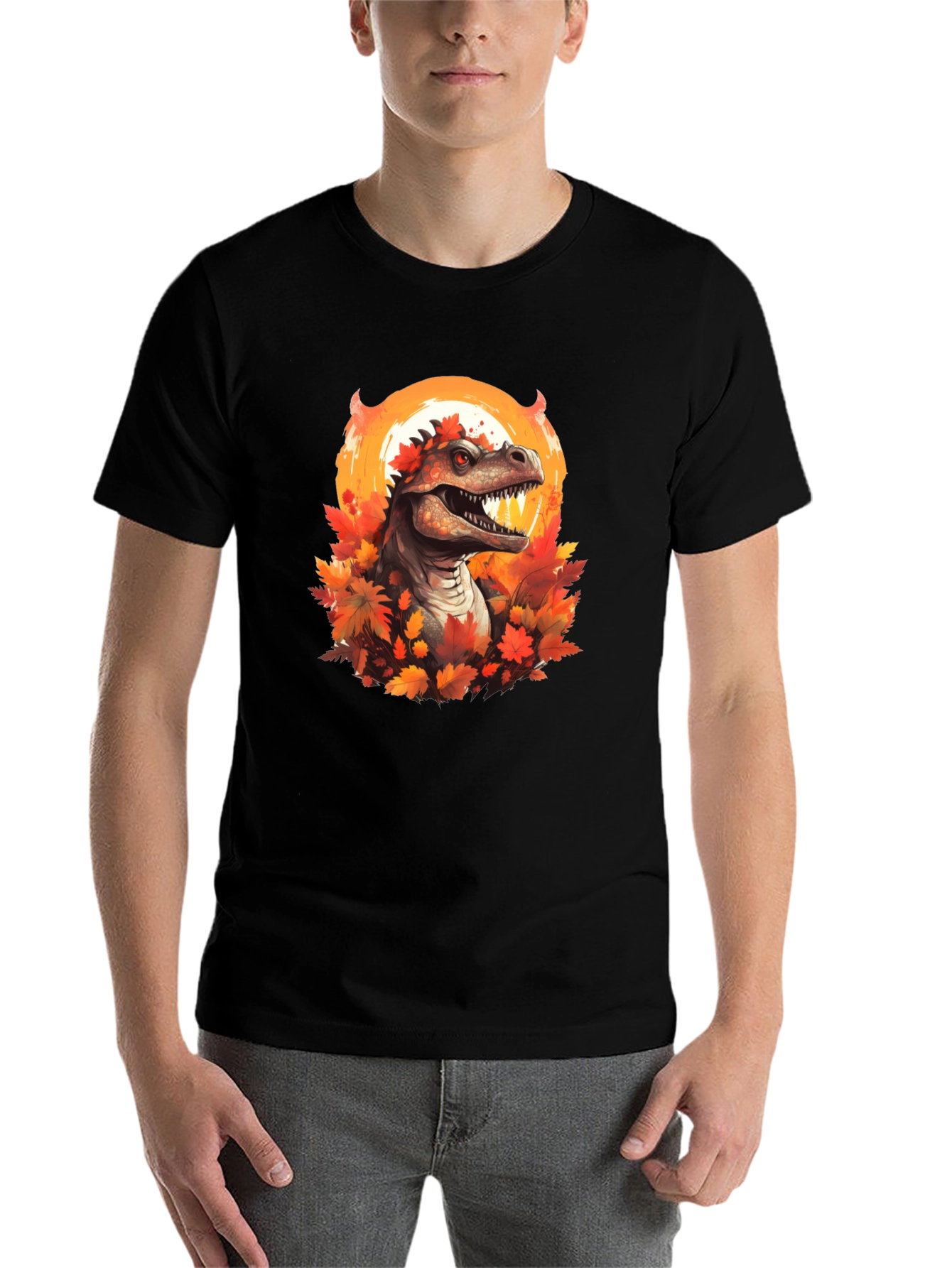 Black Dinosaur in Autumn T-Shirt view 7