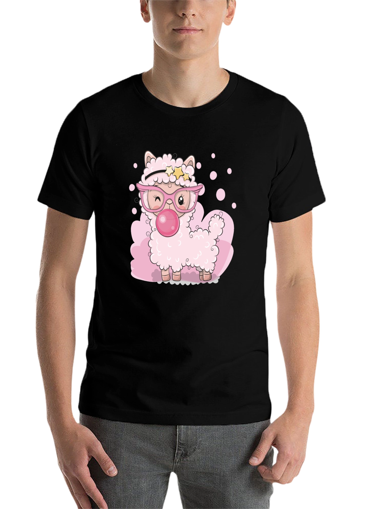 Black Cute Cartoon Llama Bubble Gum Black T-Shirt view 7
