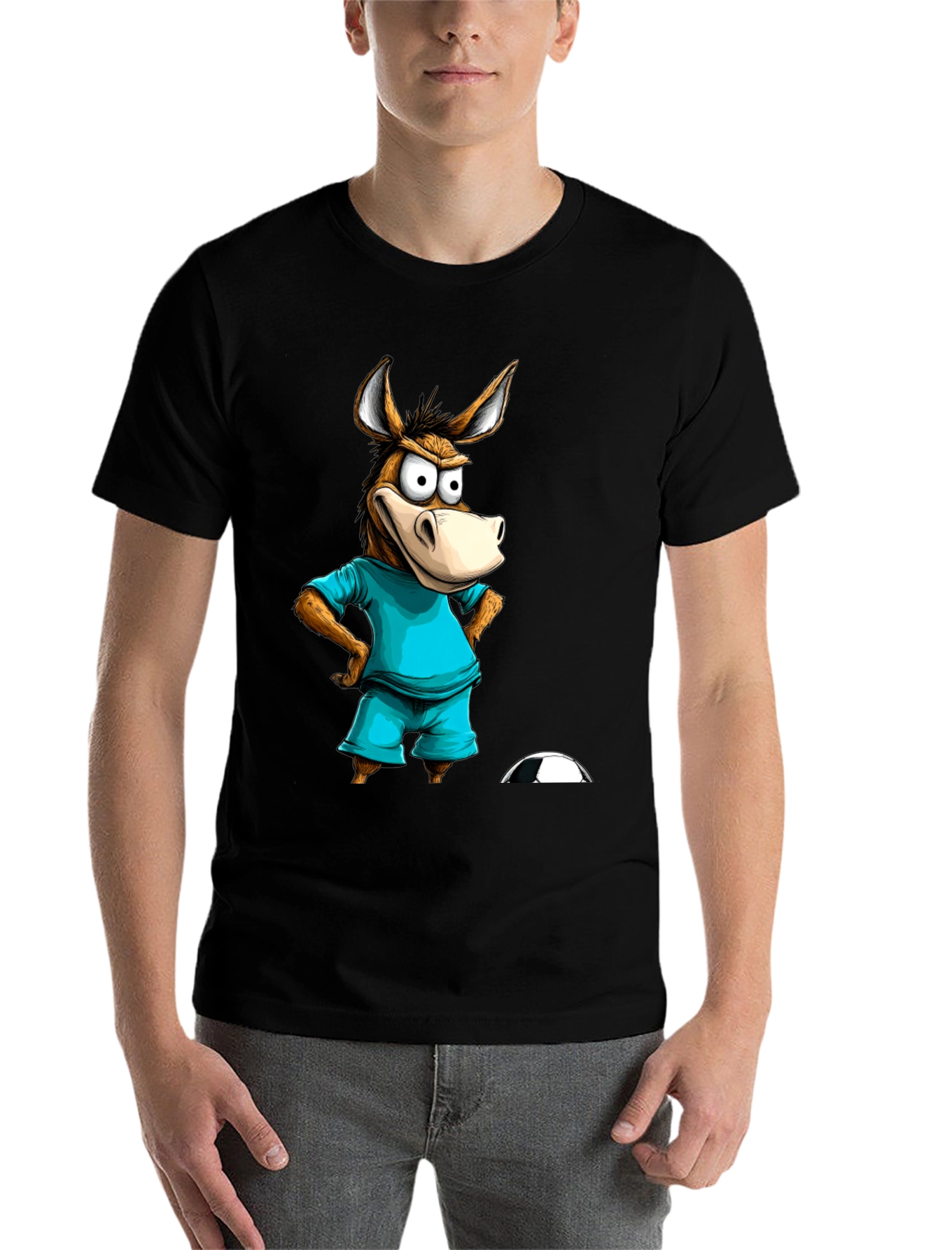 Black Funny Donkey Soccer T-Shirt - Cartoon Animal Tee view 7