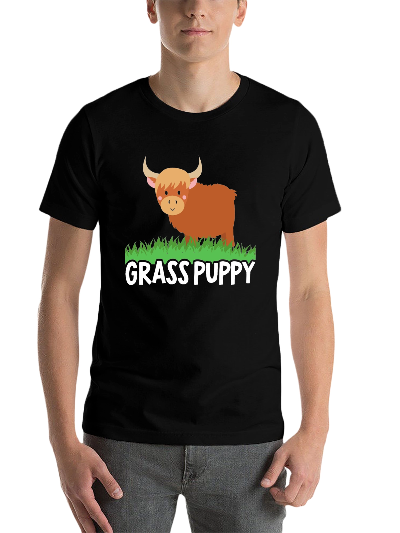 Black Grass Puppy Highland Cow Graphic Tee view 7