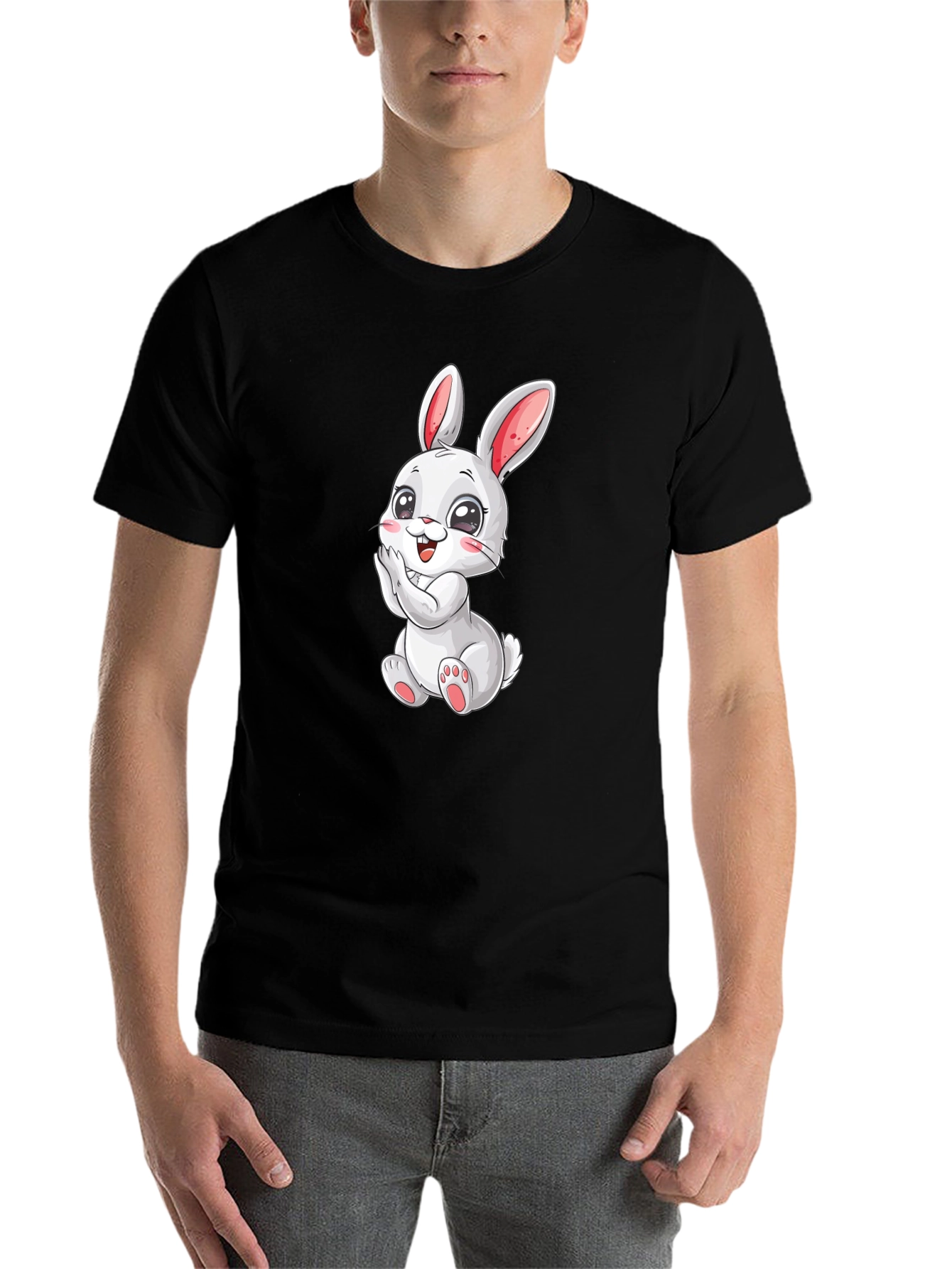 Black Cute Bunny Graphic Tee - Black Cotton Comfort view 7
