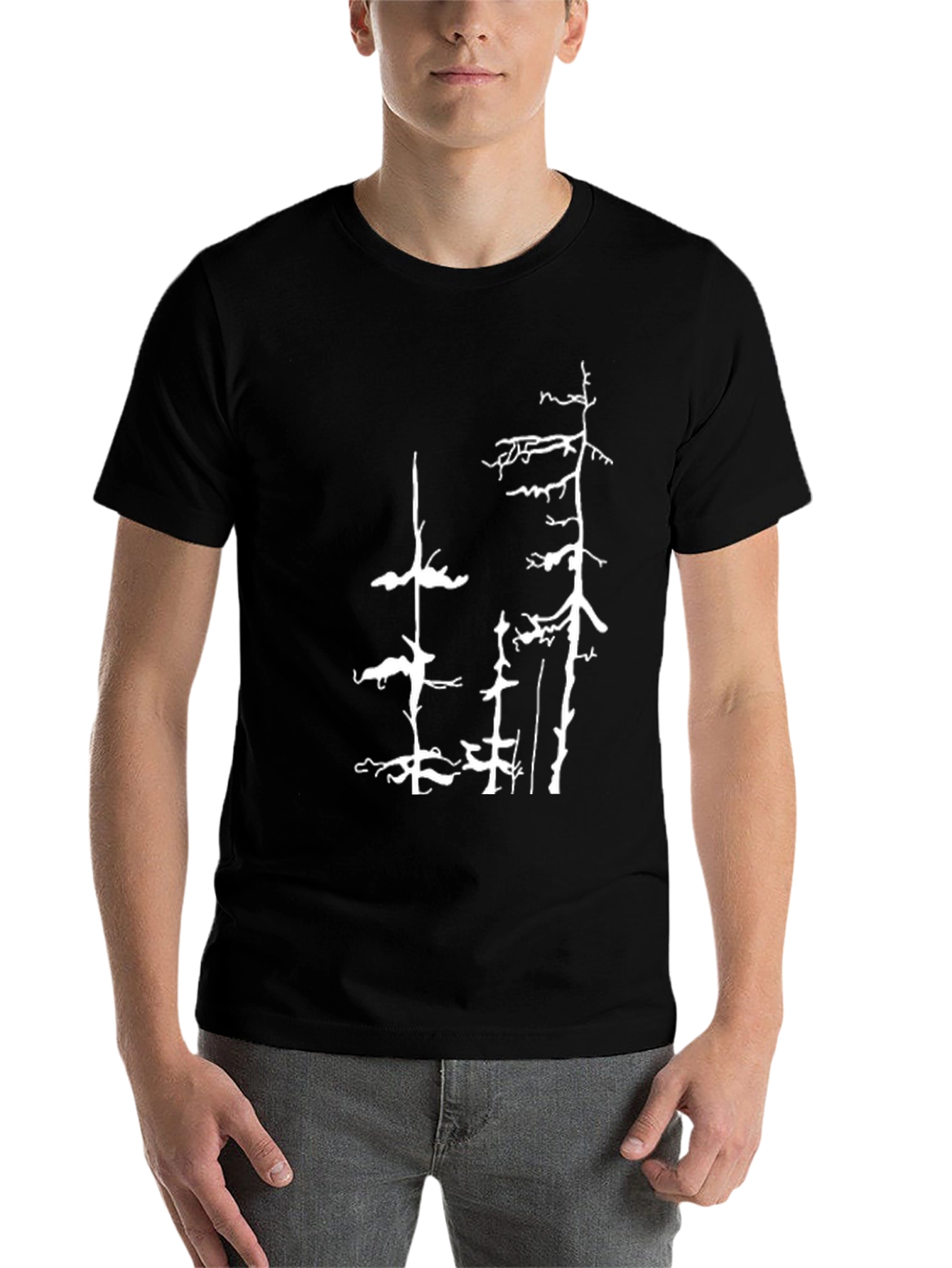 Black T-Shirt with White Forest Tree Design - 7