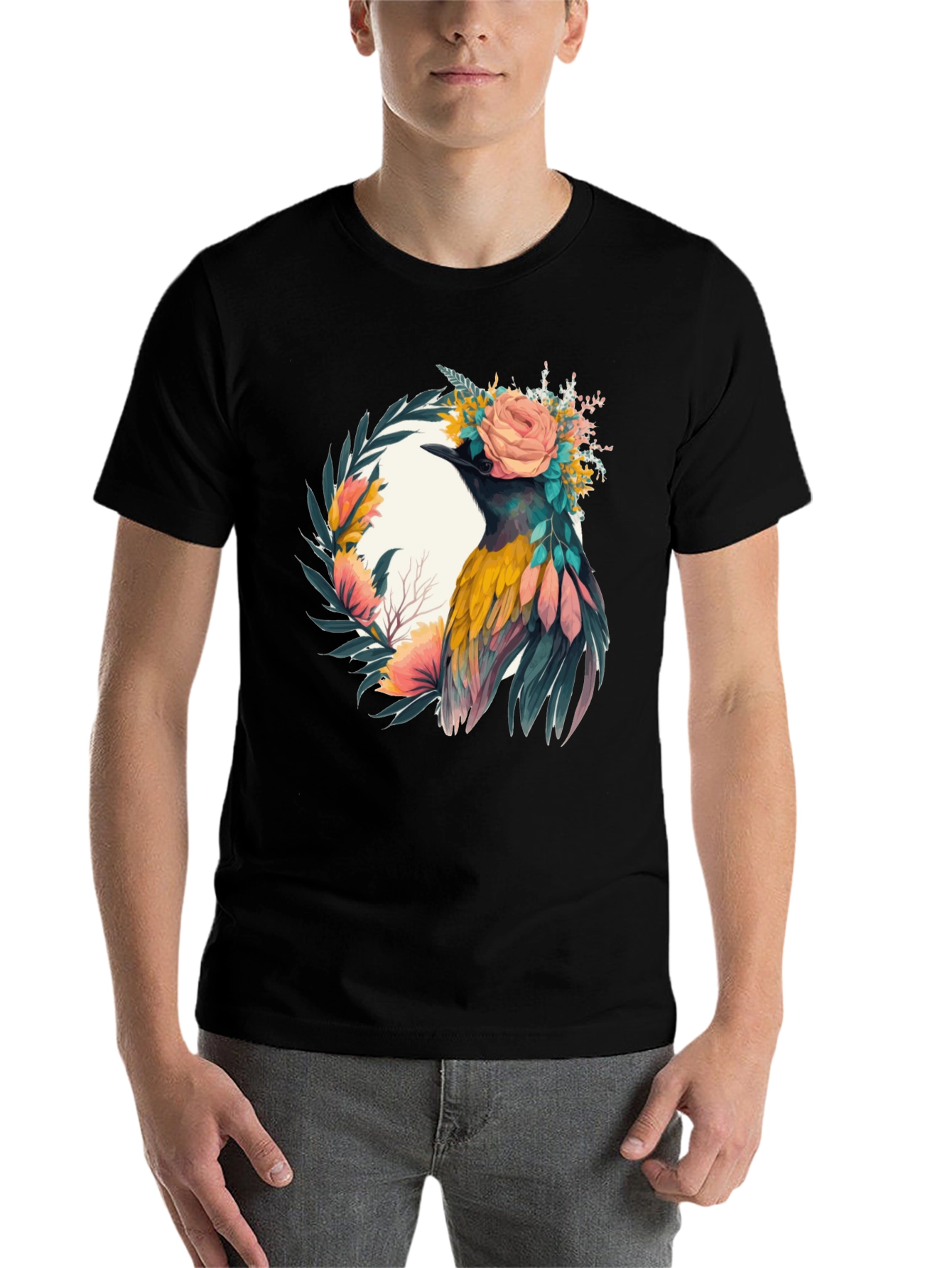 Black Floral Bird Graphic Tee - Unique Design view 7