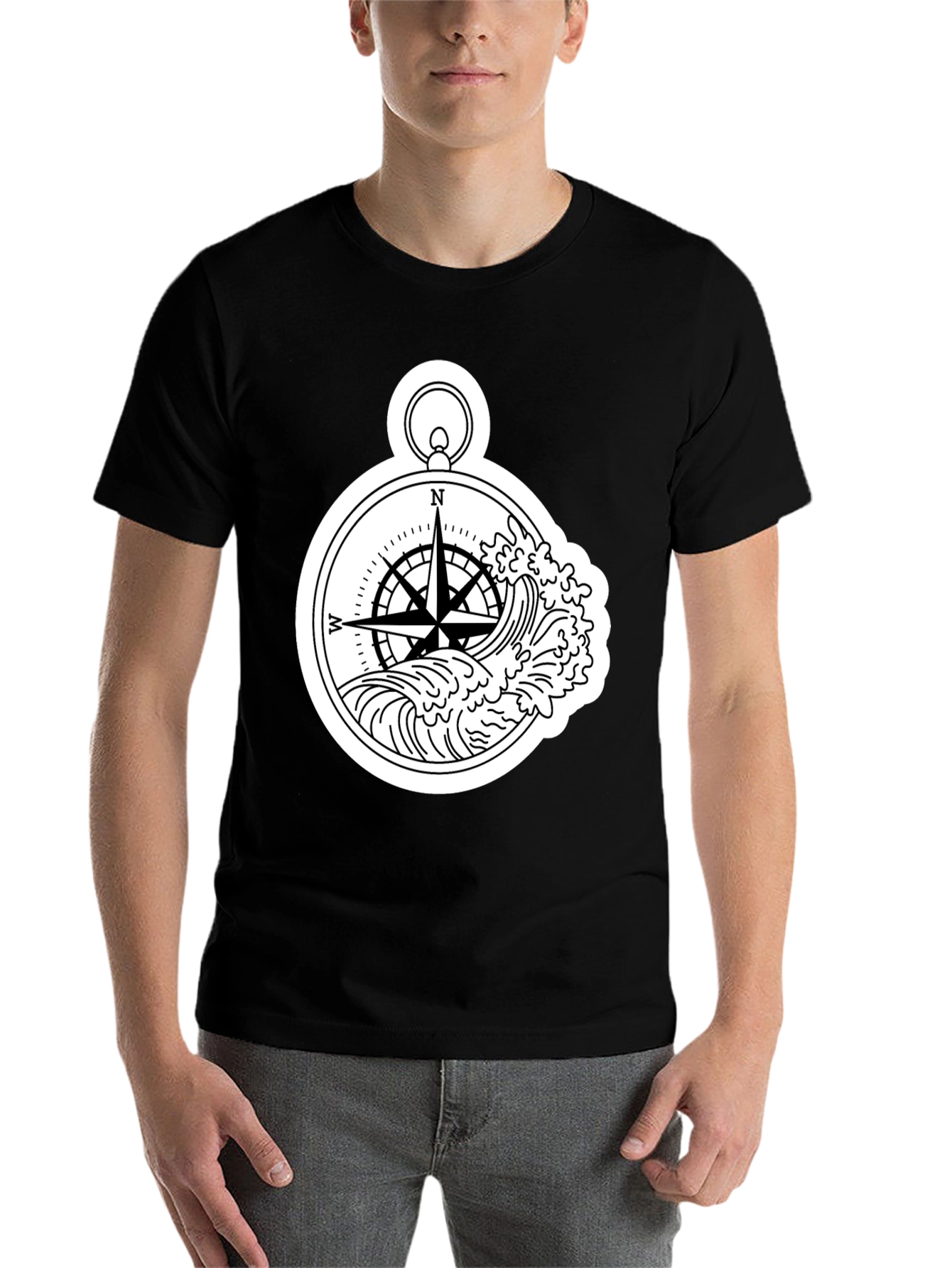 Black Nautical Compass Wave Graphic T-Shirt - Black view 7