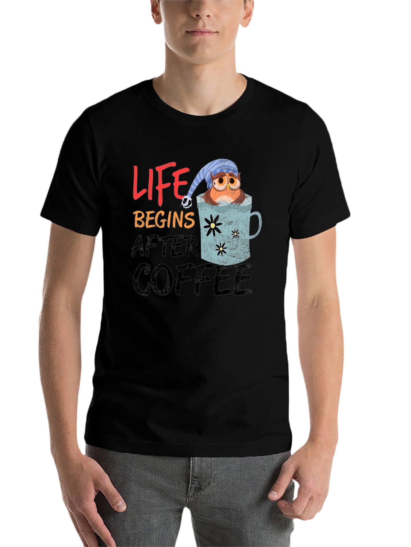 Black Life Begins After Coffee Owl Graphic T-Shirt view 7