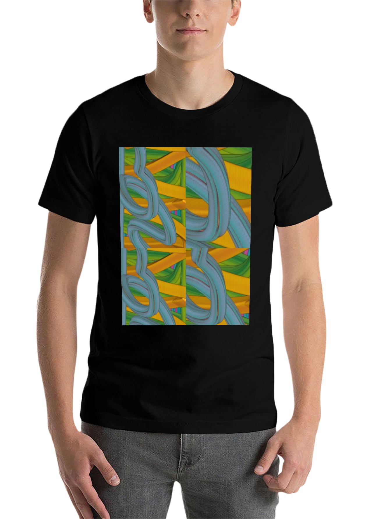 Black Abstract Swirl Design Black T-Shirt view 7