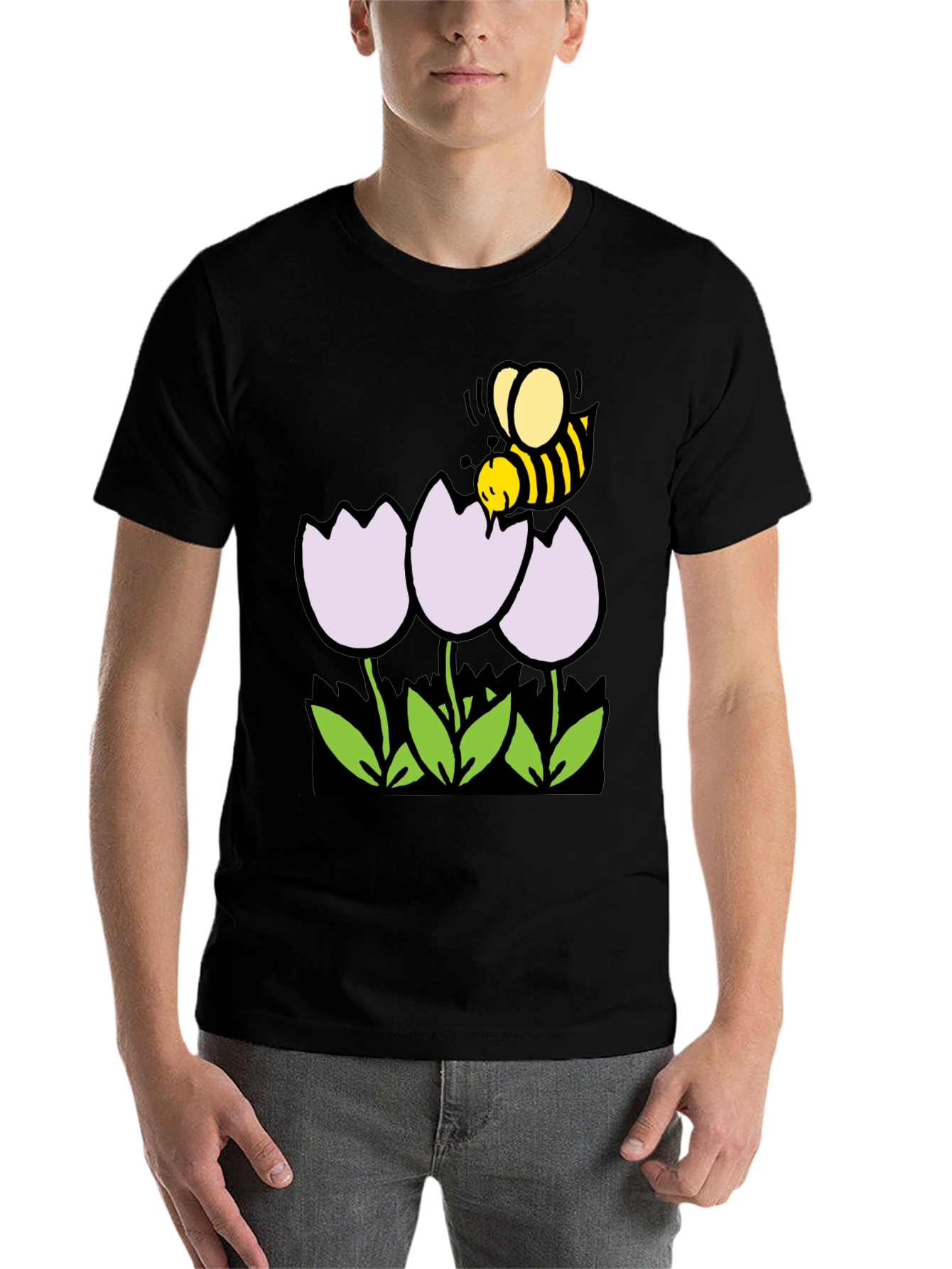 Black Bee and Flowers Graphic T-Shirt - Black Casual Tee view 7
