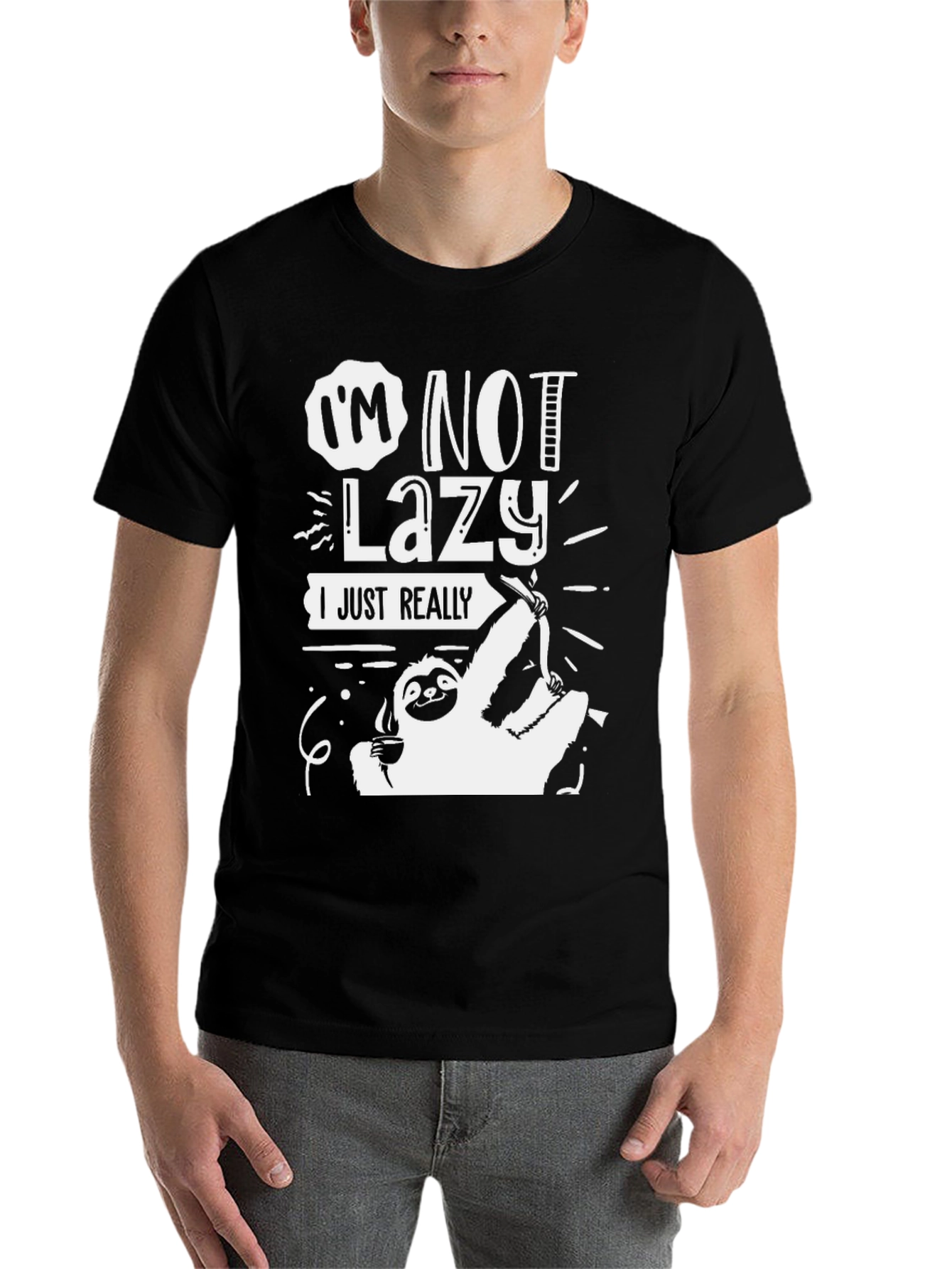 Black I'm Not Lazy, Sloth Graphic Tee - Black Cotton view 7