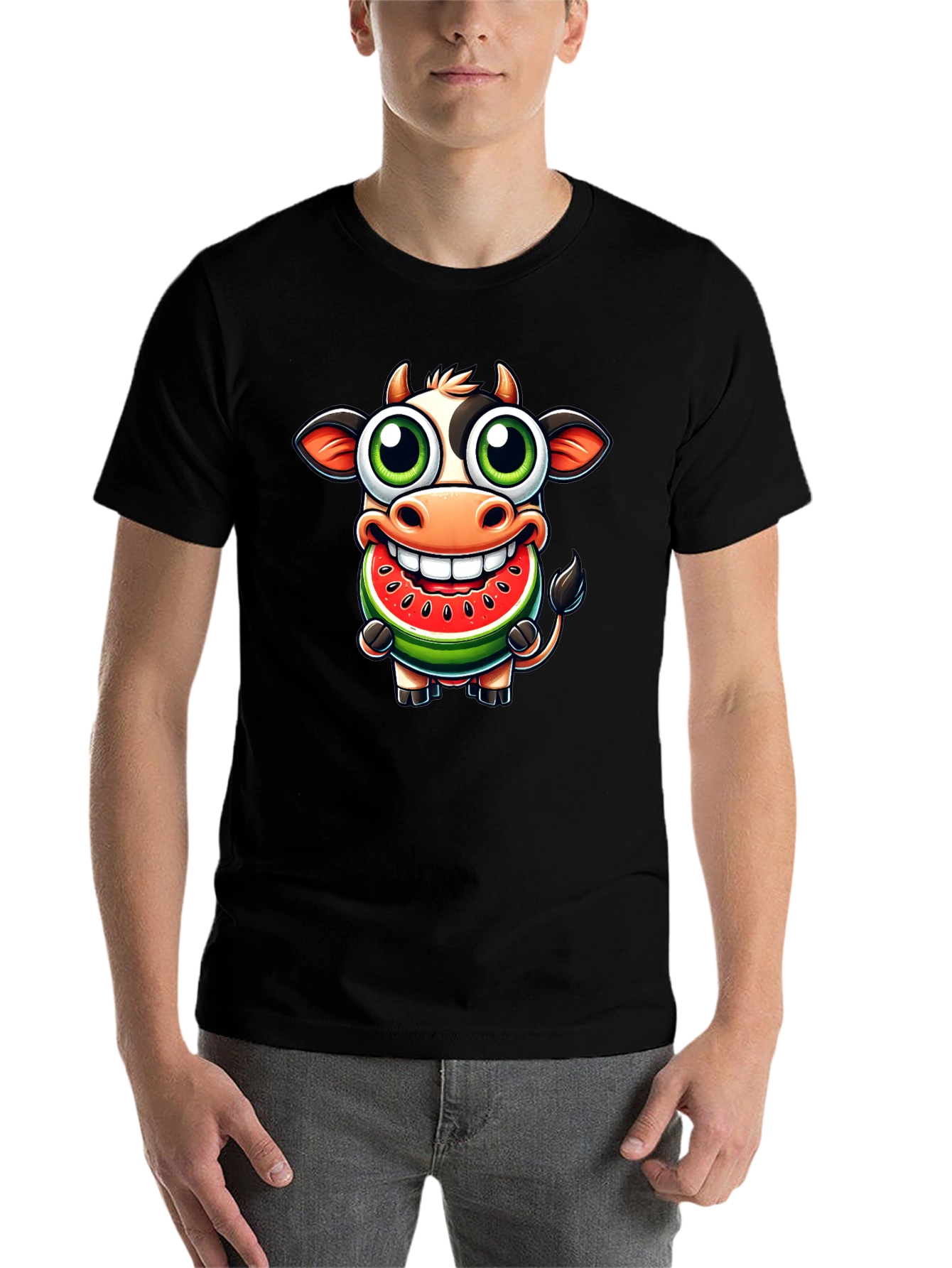 Black Funny Cow Watermelon Cartoon T-Shirt view 7