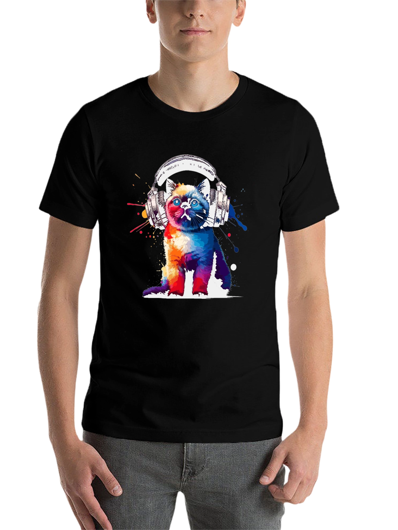 Black Colorful Cat Headphones Graphic T-Shirt view 7