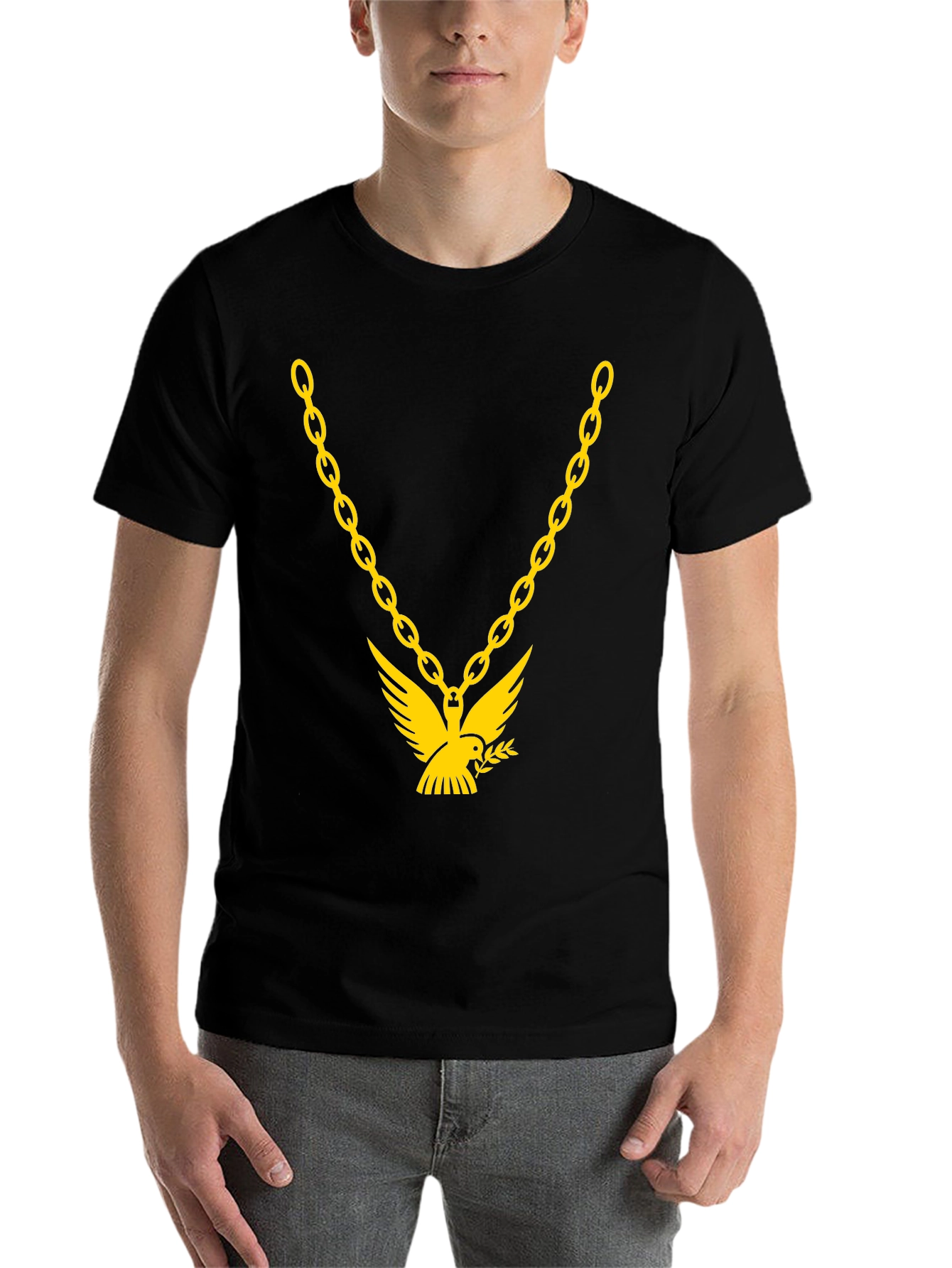 Black Men's Black T-Shirt with Gold Chain & Dove Graphic view 7