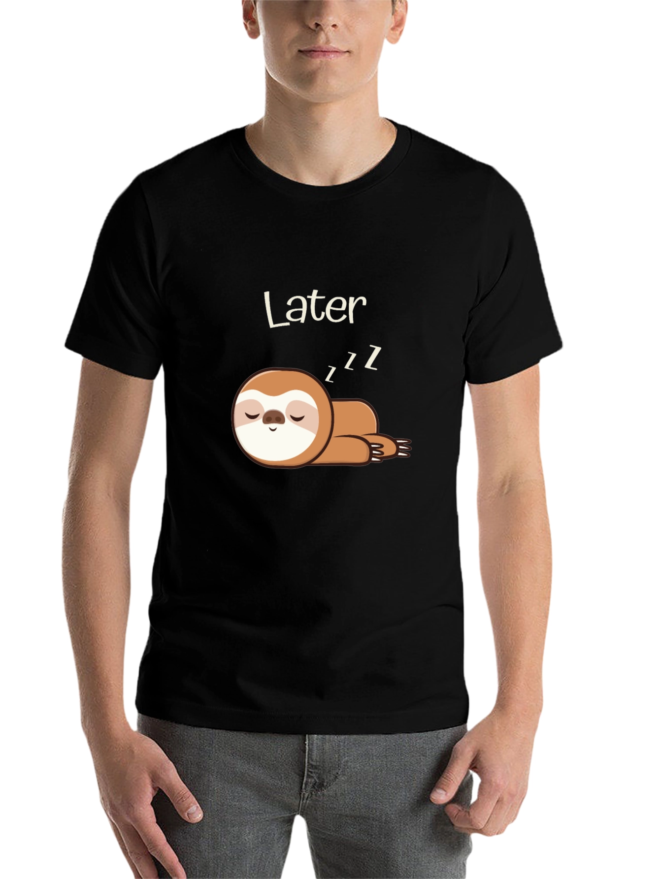 Black Men's Black T-Shirt with Sleeping Sloth Design view 7