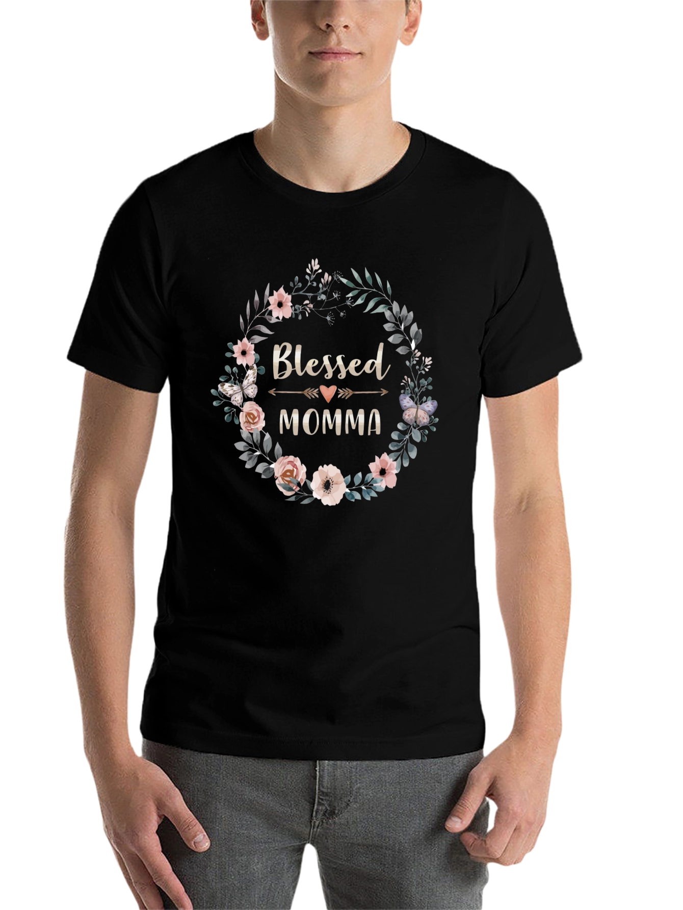 Black Blessed Momma Floral Wreath T-Shirt view 7