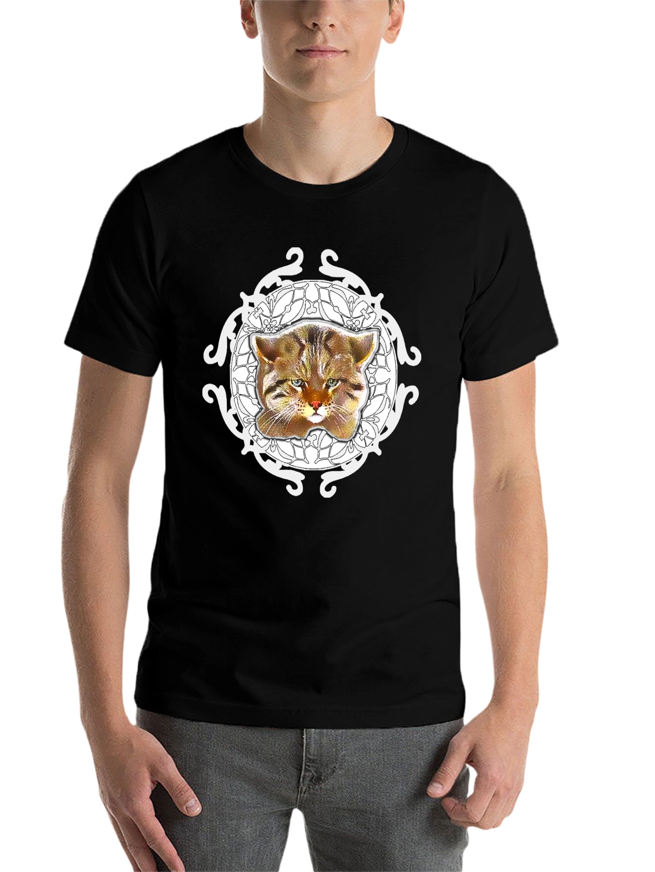 Black Whimsical Cat Graphic Tee - Unique Design view 7