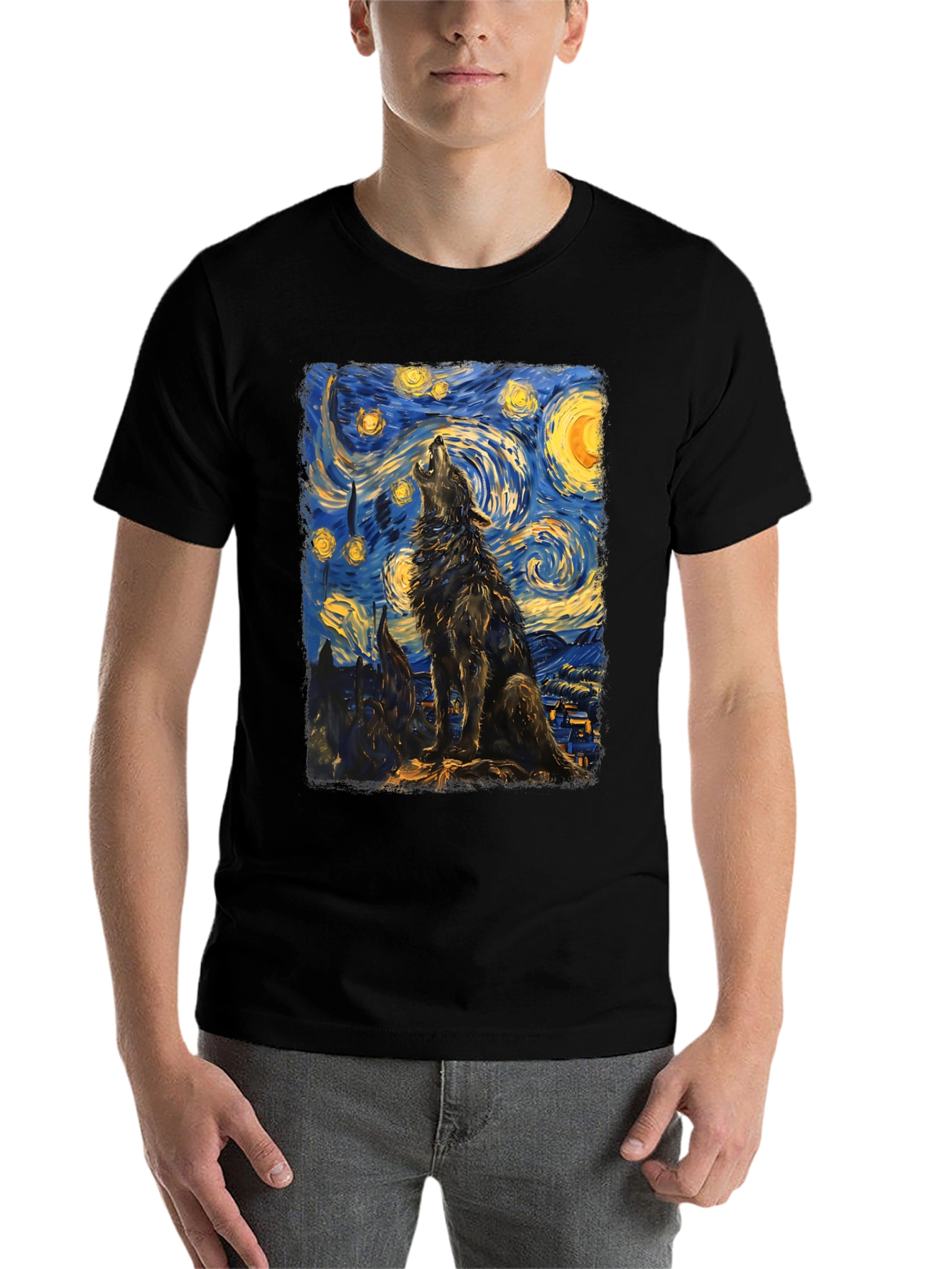 Black Starry Night Wolf Graphic Tee - Unique Artistic Design view 7
