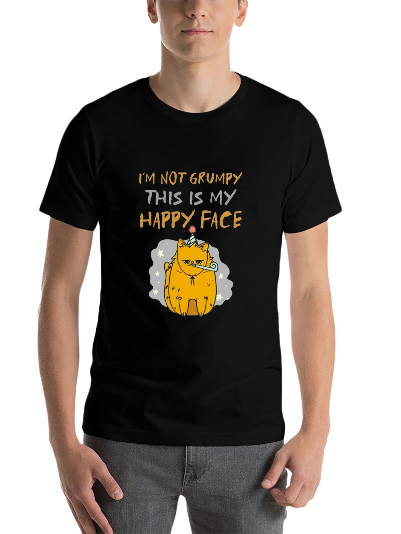 Black Grumpy Cat T-Shirt - Happy Face Design view 7