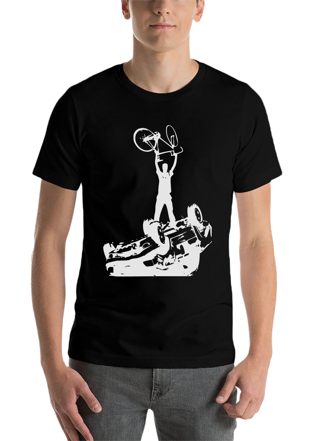 Black Black T-Shirt with Cyclist Car Flip Graphic Tee view 7