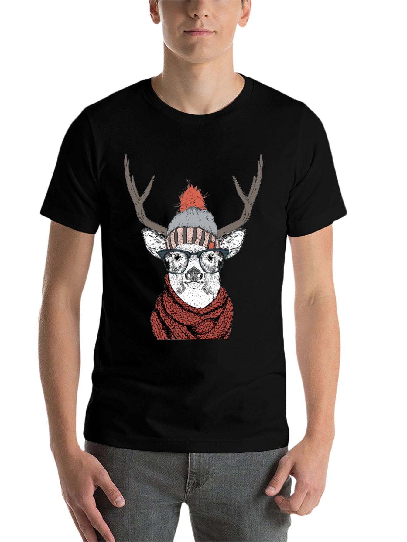 Hipster Deer Graphic Tee - Antler Scarf & Glasses - 7