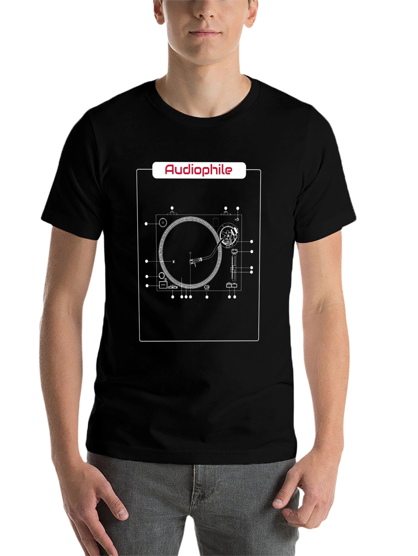 Black Audiophile Turntable Blueprint T-Shirt view 7