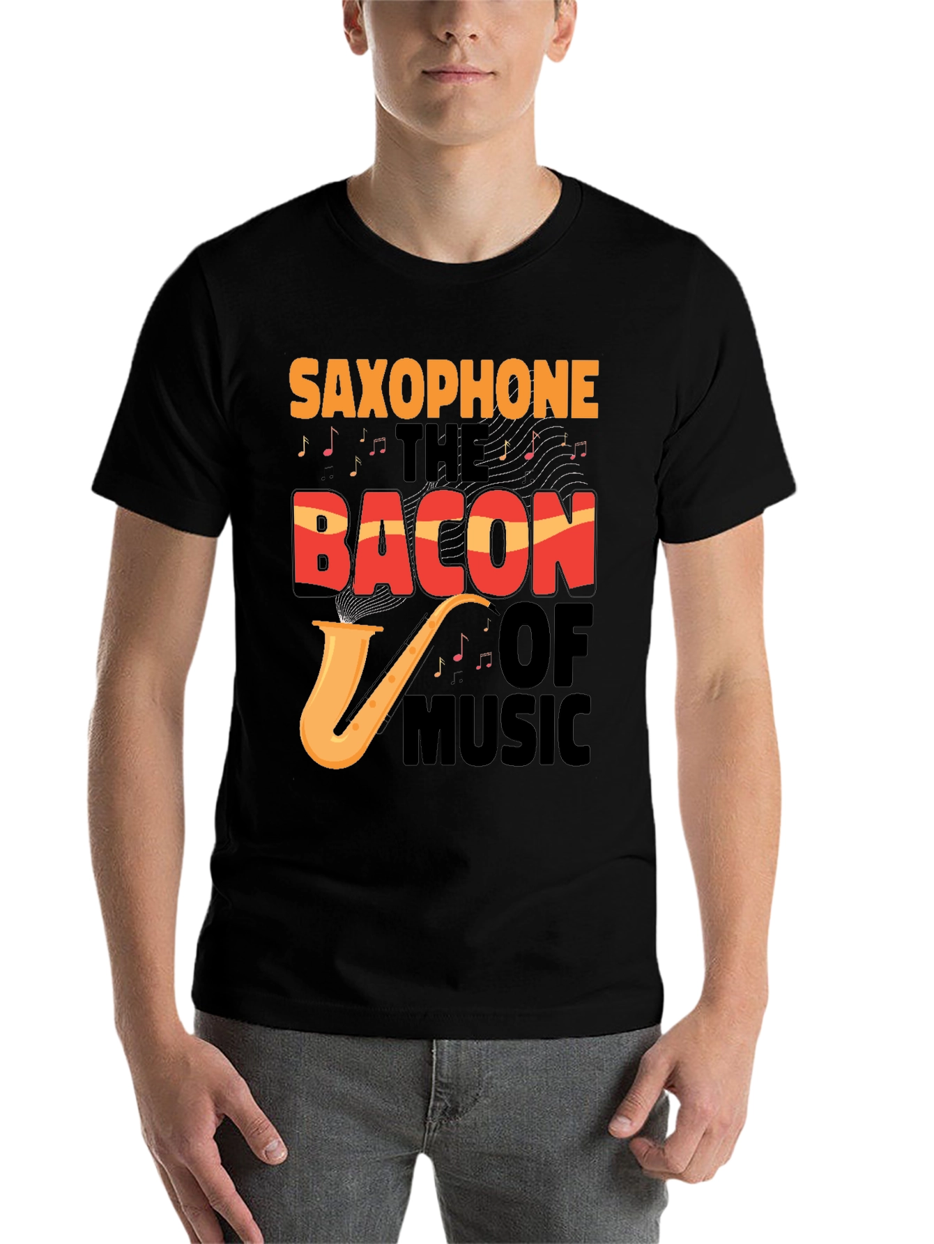 Black Saxophone Bacon of Music Graphic Tee view 7