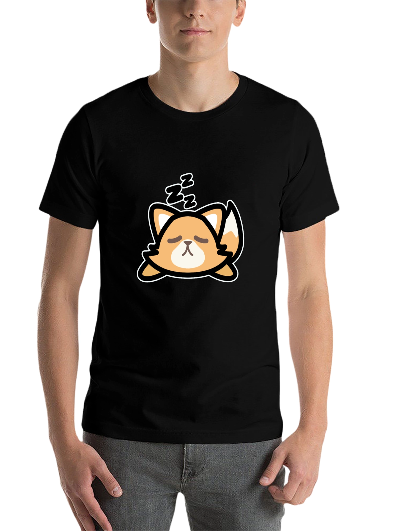 Black Cute Sleeping Fox Graphic Tee - Black Cotton T-Shirt view 7