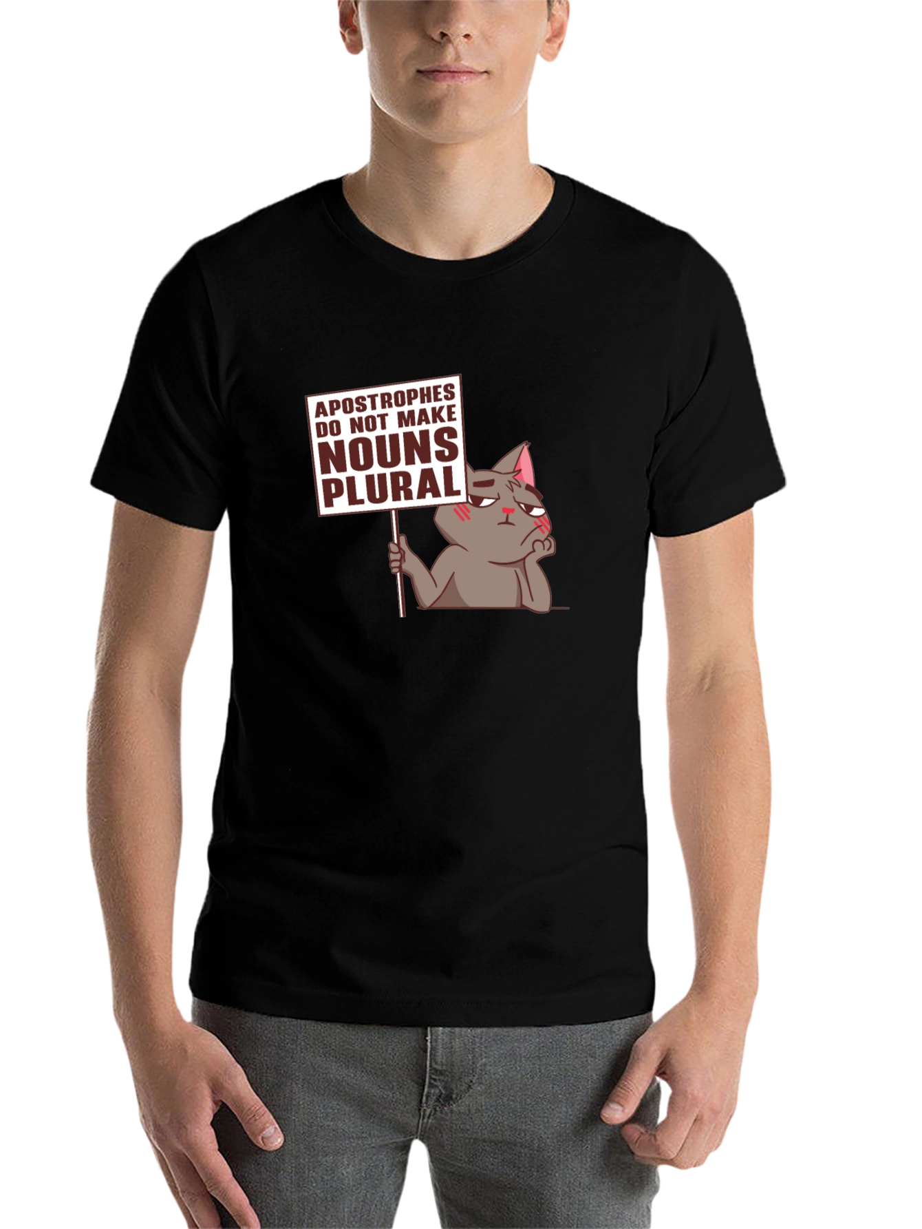 Black Grammar Cat T-Shirt - Apostrophes Do Not Make Nouns Plural Tee view 7