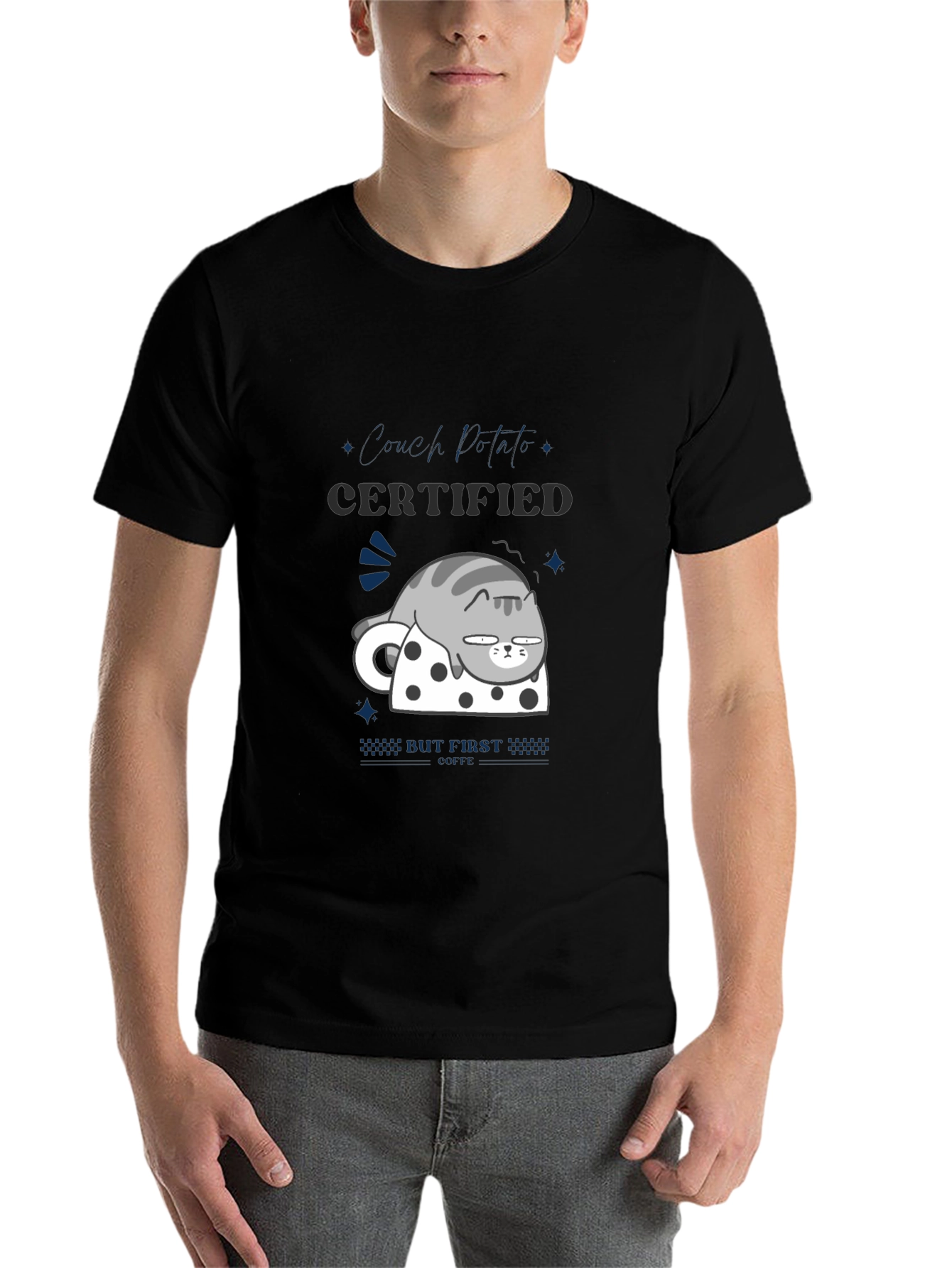 Black Certified Couch Potato T-Shirt - Funny Cat Design view 7