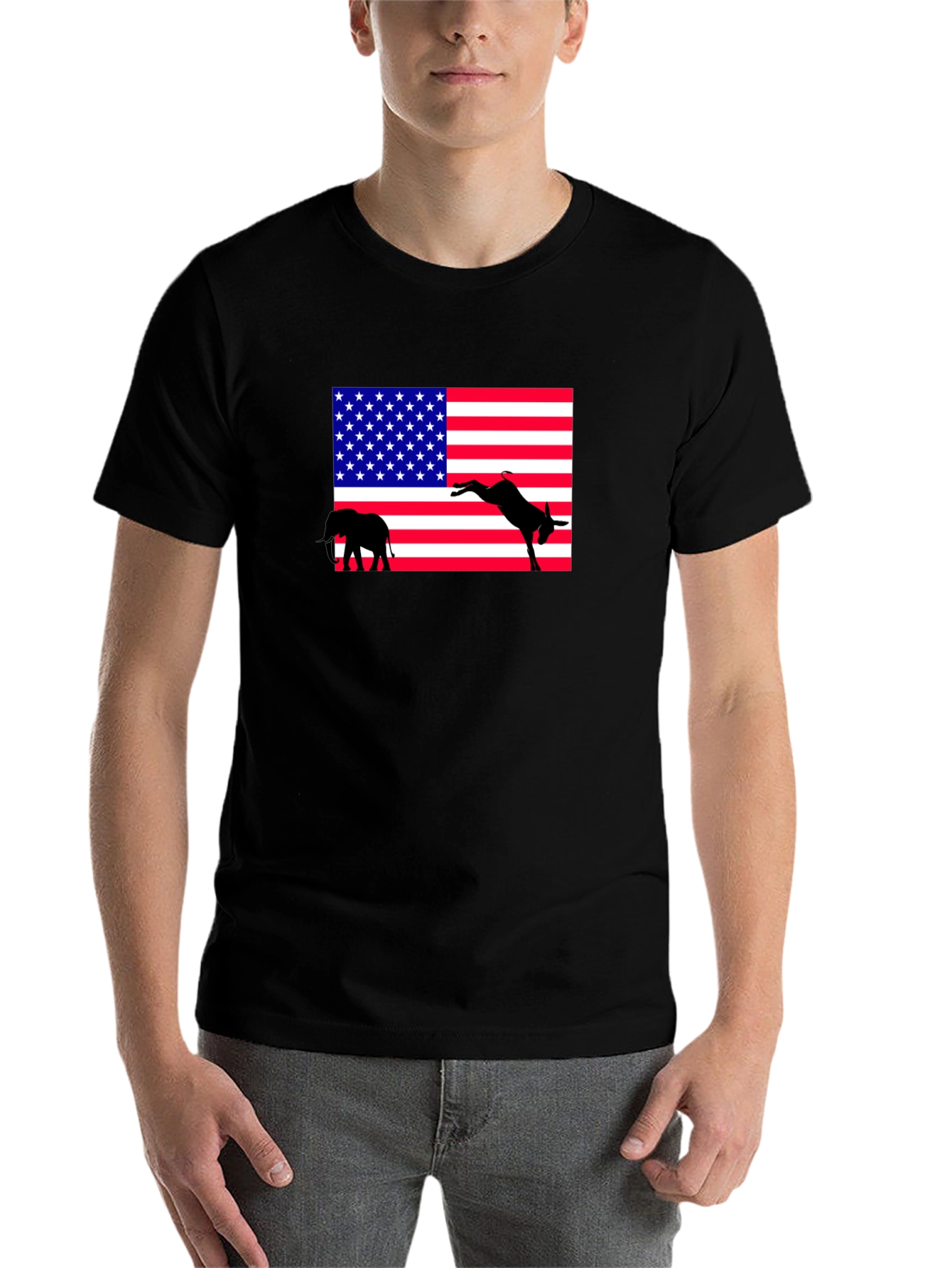 Black Political T-Shirt: Elephant & Donkey American Flag view 7