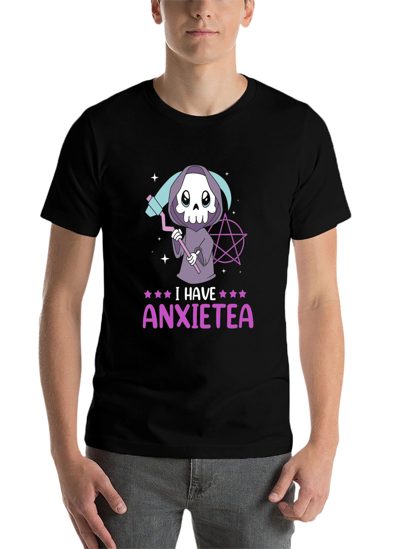 Black Anxietea T-Shirt - Cute Grim Reaper Design view 7