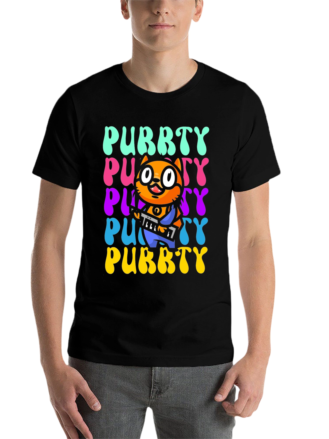 Black Purrty Cat Graphic Tee - Novelty Kitten Shirt view 7