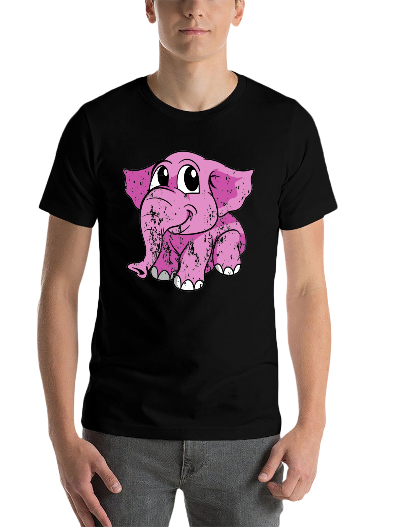 Black Cute Pink Elephant Graphic Tee - Soft Cotton Blend view 7