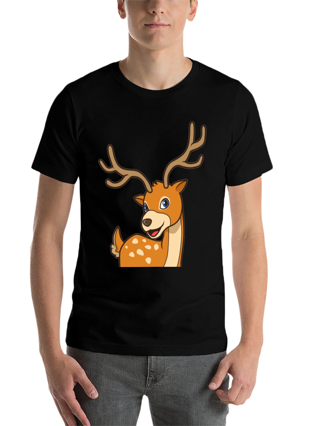 Black Deer Cartoon Graphic Black T-Shirt view 7