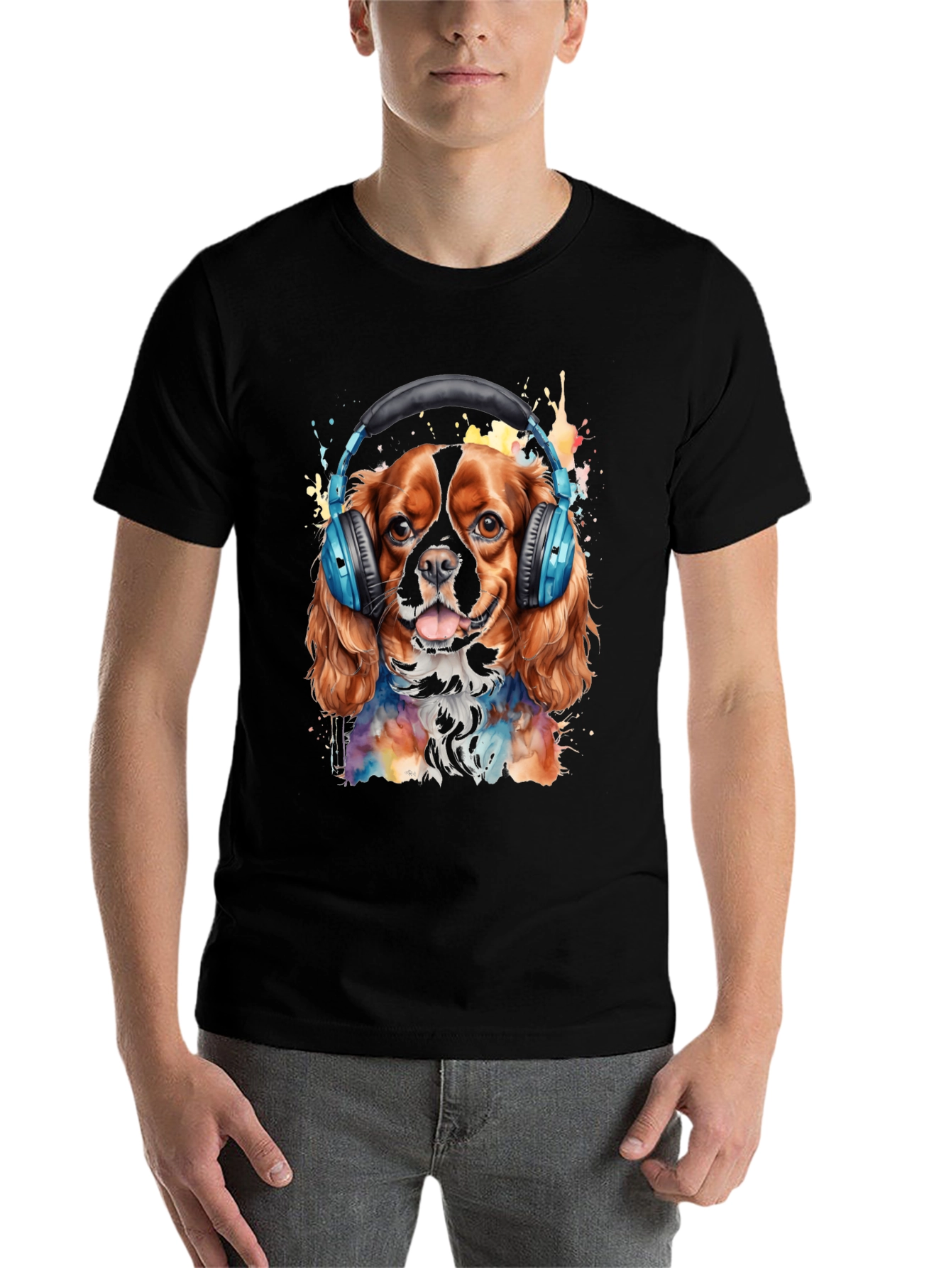 Black Dog with Headphones T-Shirt - Colorful Watercolor Design view 7