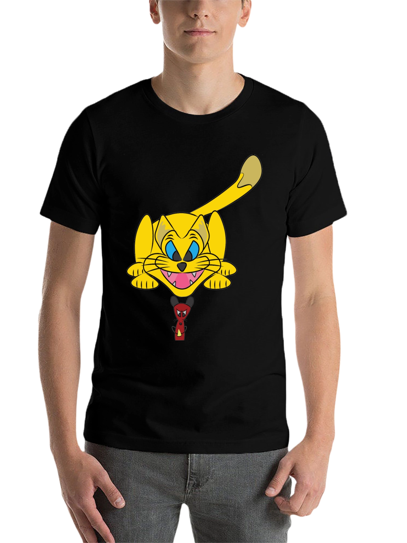 Black Cartoon Cat Graphic Black T-Shirt view 7