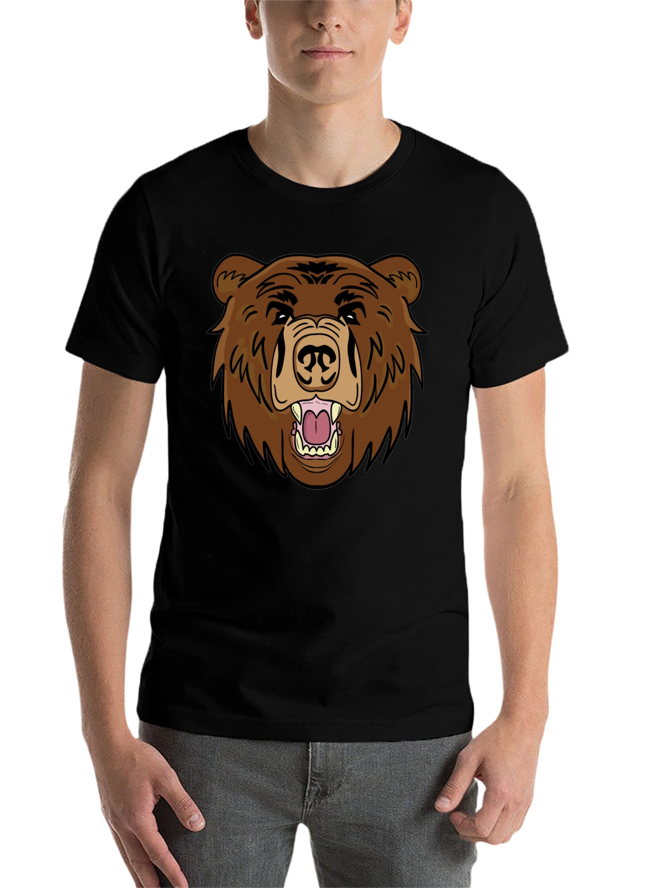 Black Men's Black T-Shirt with Brown Bear Graphic view 7