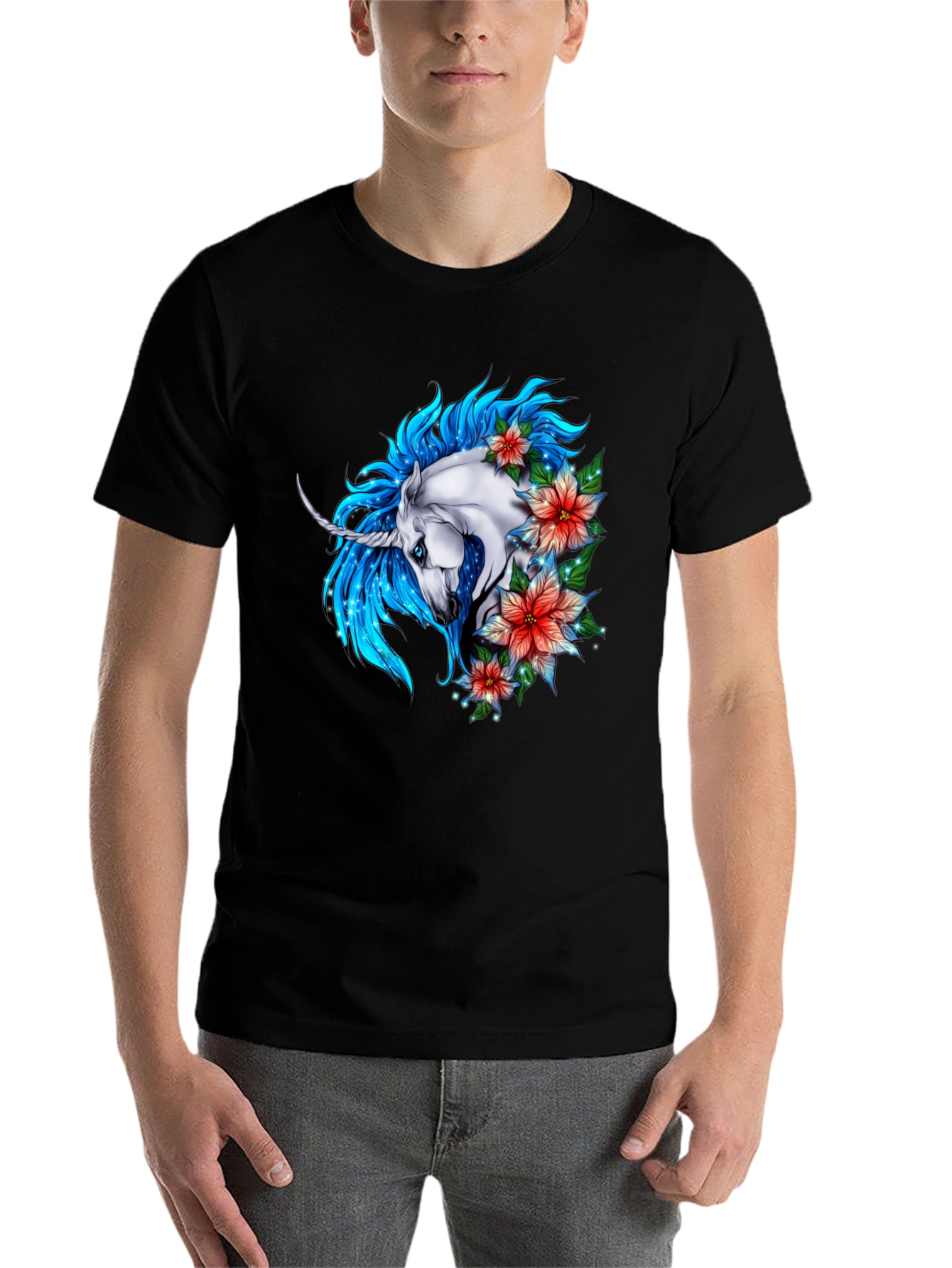 Black Unicorn Floral Graphic Tee - Stylish Men's Black T-Shirt view 7