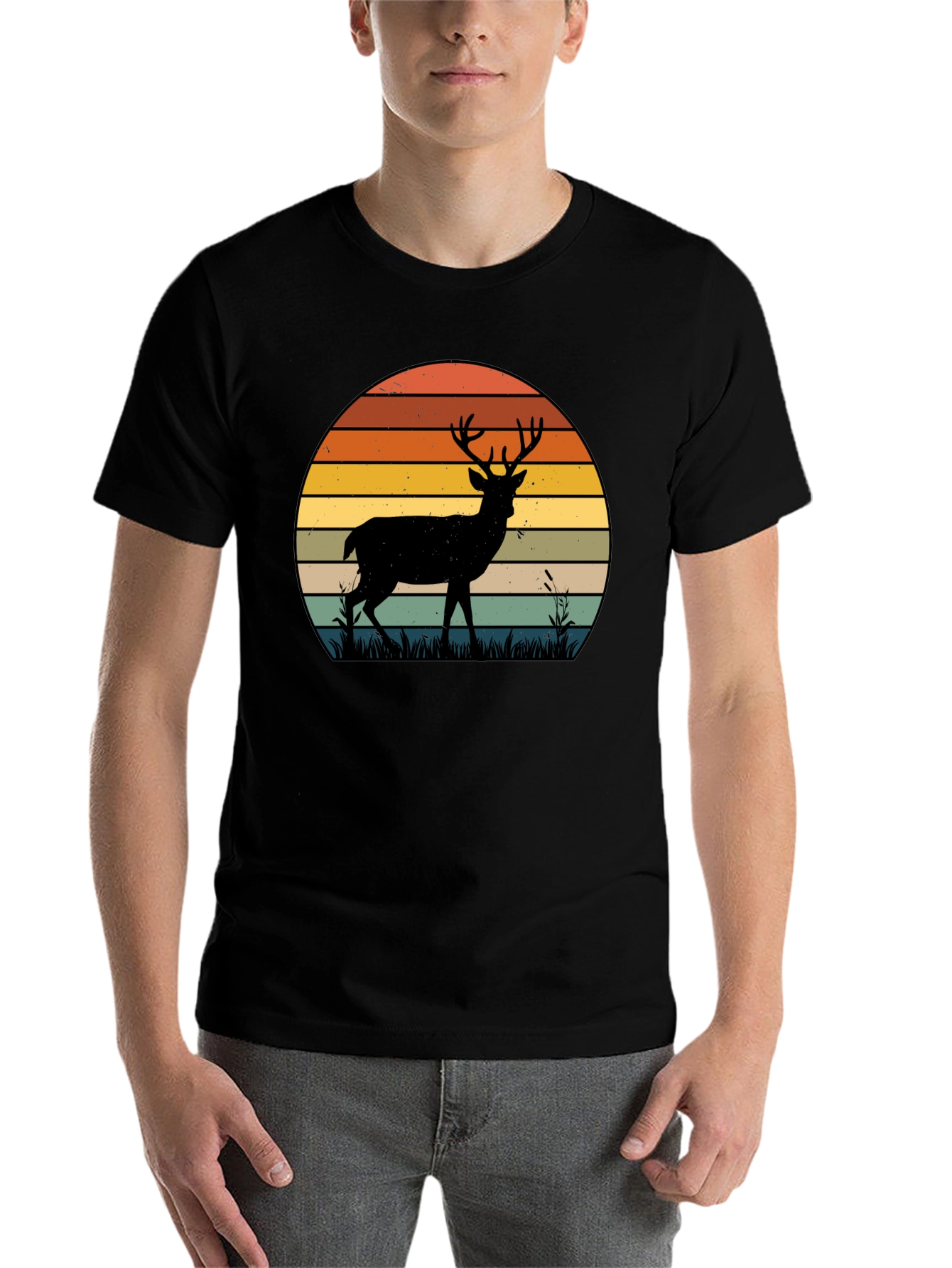 Black Retro Deer Sunset Graphic T-Shirt view 7