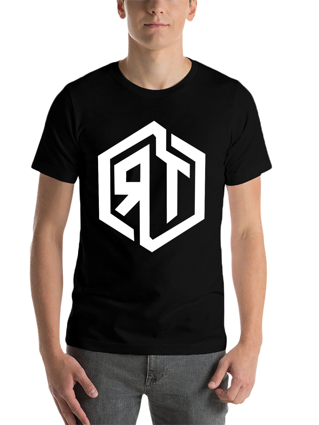 Black Men's Black Graphic Tee with Geometric RT Logo view 7
