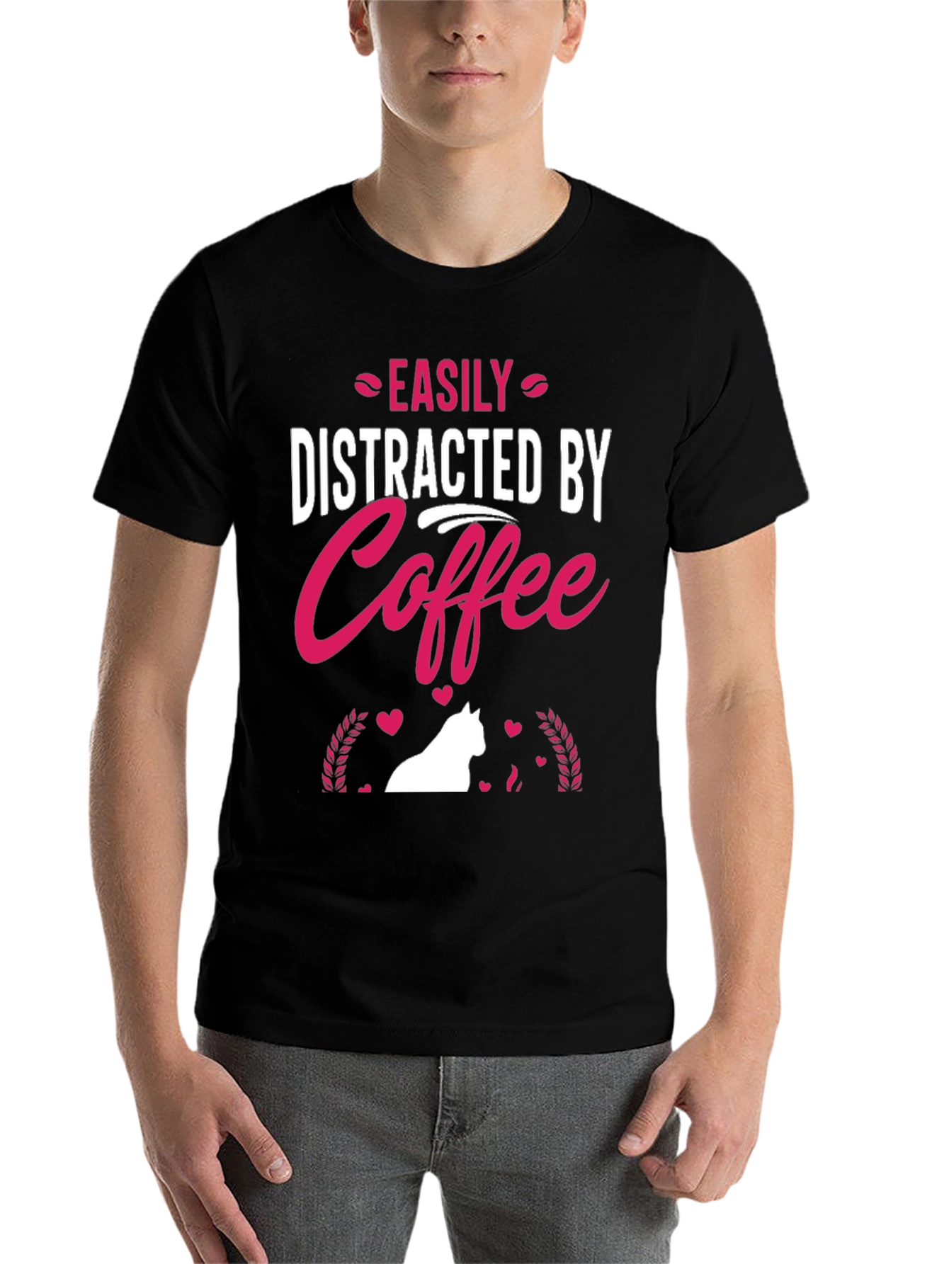 Black Easily Distracted by Coffee T-Shirt - Cat Lover Edition view 7