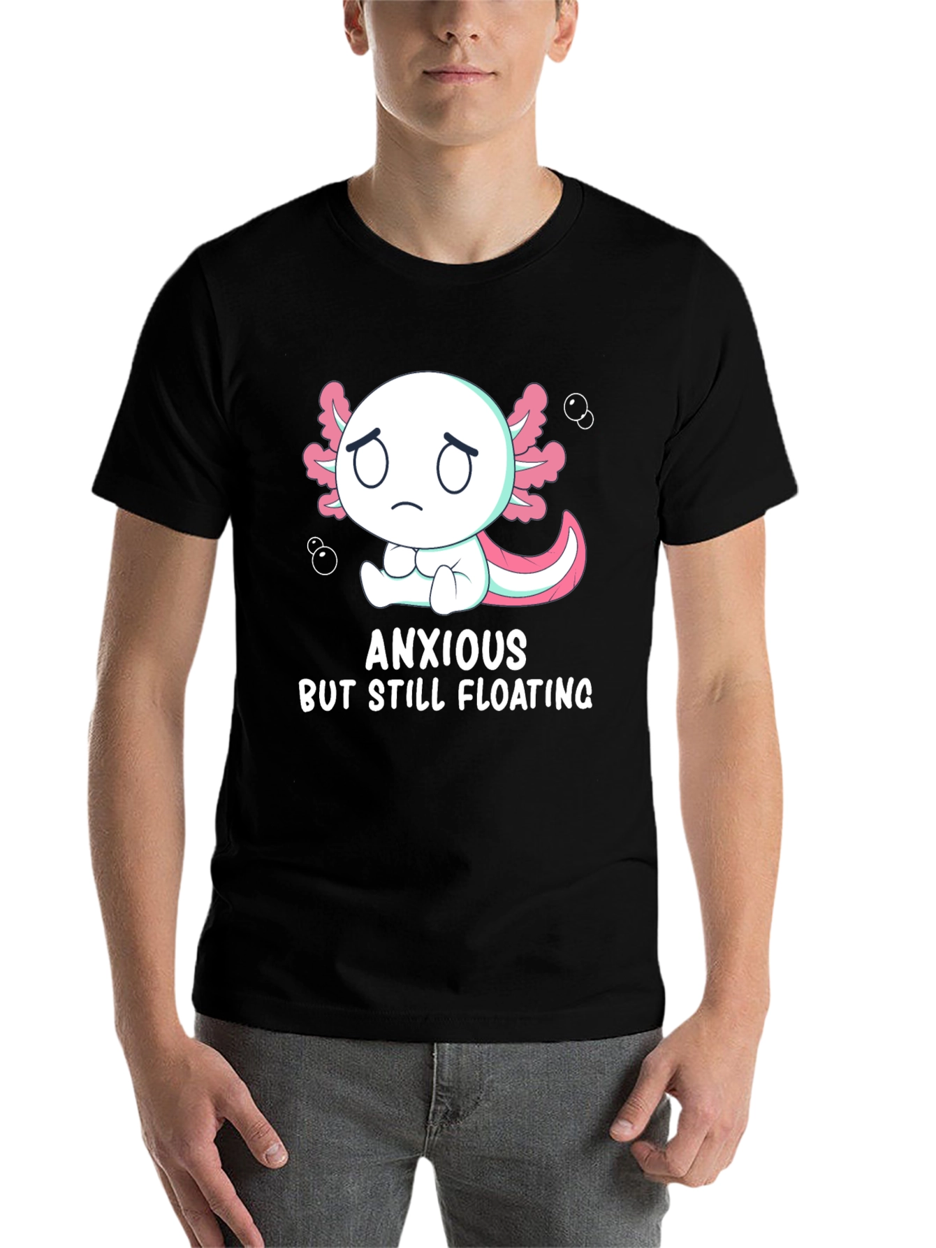 Black Anxious But Still Floating Axolotl T-Shirt view 7