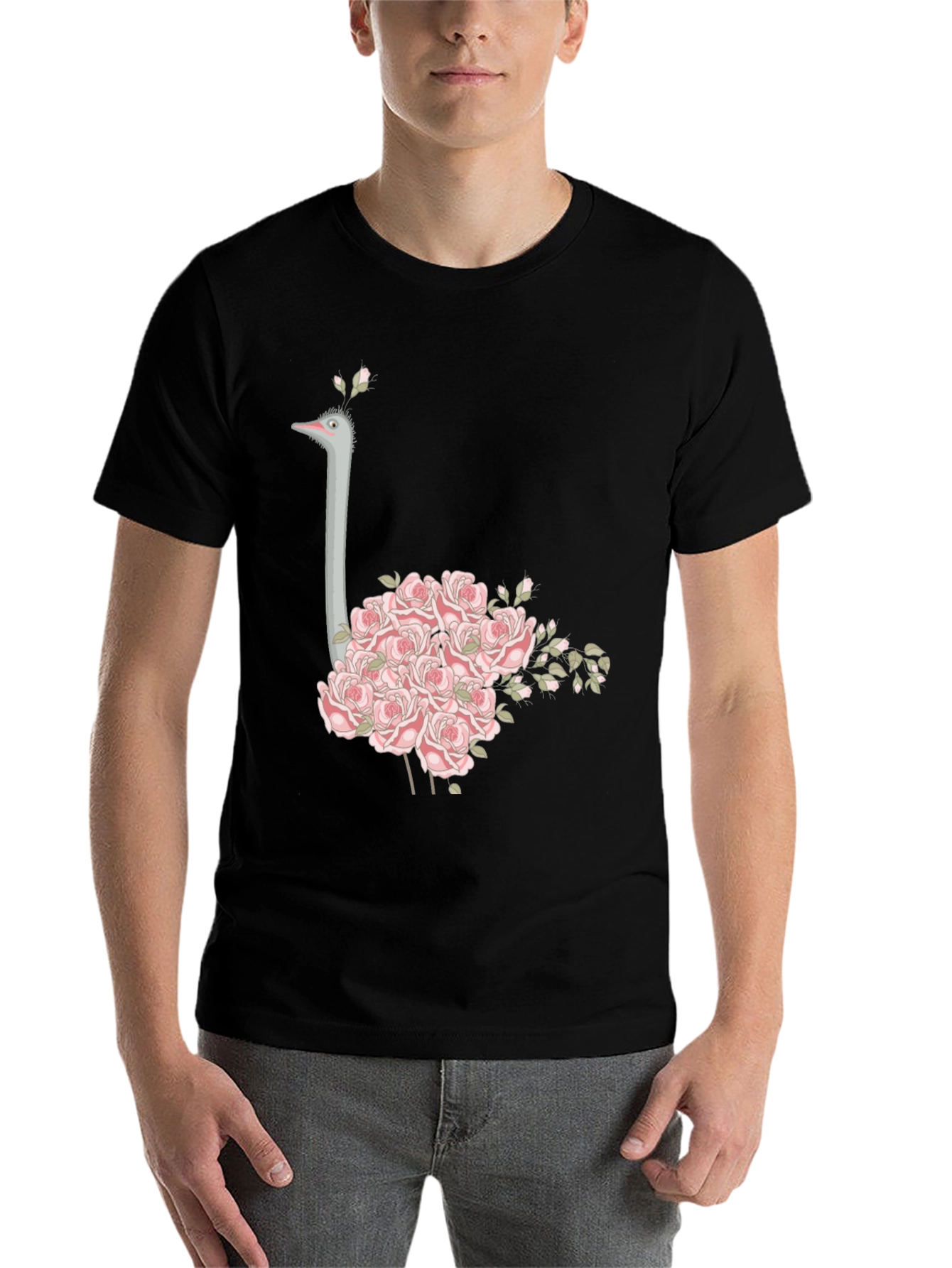 Black Ostrich Floral T-Shirt - Unique Graphic Tee view 7