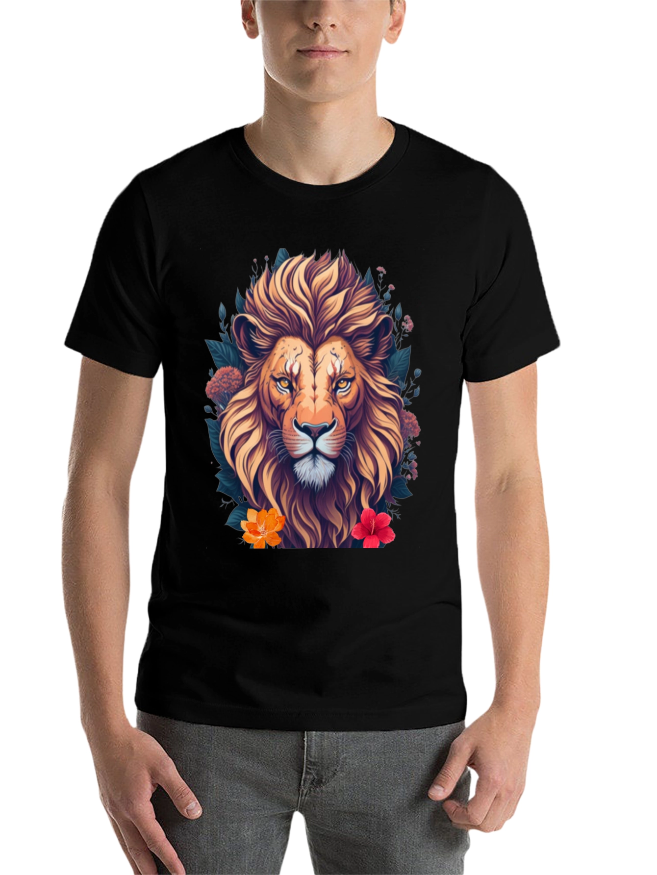 Black Lion Floral T-Shirt, Unique Graphic Tee view 7