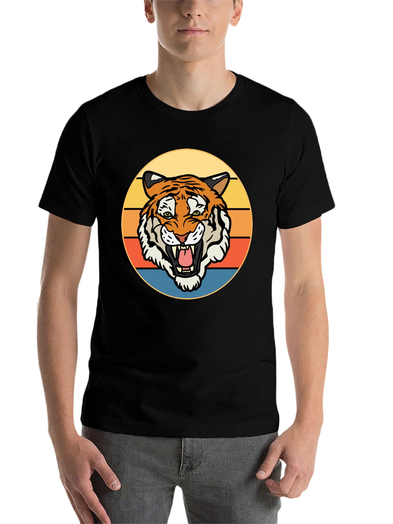Black Retro Tiger Graphic T-Shirt - Men's Short Sleeve Crew Neck Tee view 7