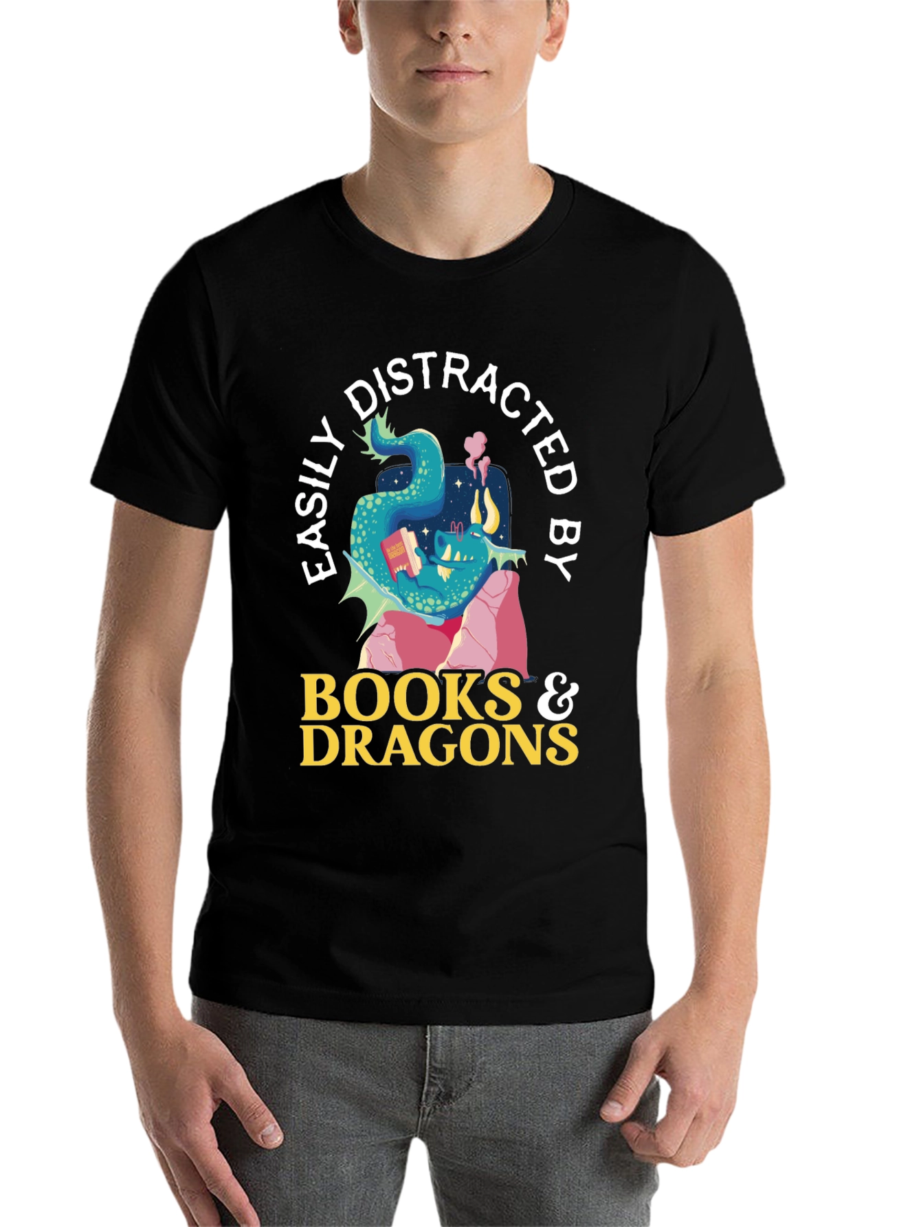 Black Easily Distracted by Books and Dragons T-Shirt view 7